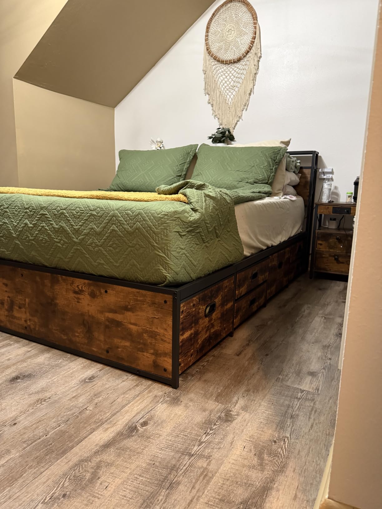 LIKIMIO Queen Bed Frame with 12 Fabric Storage Drawers, Industrial Platform Bed Frame with Headboard, No Box Spring Needed, Sturdy Metal Slat Support, Rustic Brown, Noise-Free, Easy Assembly customer photo 2