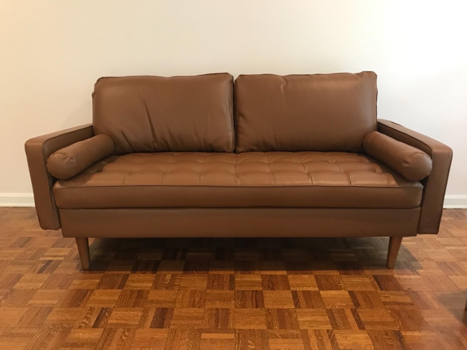 Container Furniture Direct Womble 58 Inch Faux Leather Loveseat Sofa with Elegant Button Tufted Upholstery, Square Arms, Splayed Wood Legs, Includes Matching Bolster Pillows, PU Leather Grey customer photo 1
