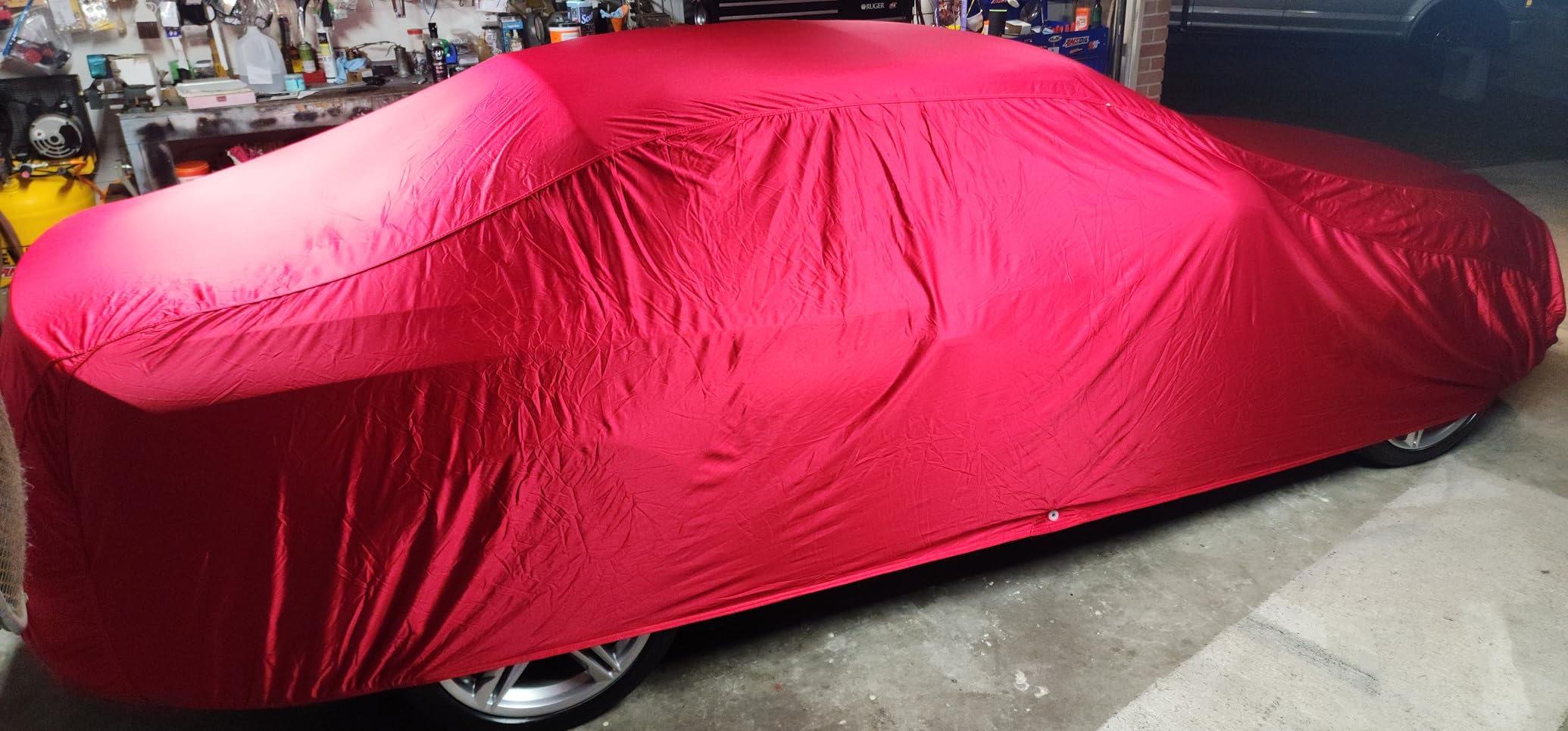 Budge Indoor Stretch Car Cover, Premium Dustproof Protection with Soft Fleece Lining, Breathable Indoor Car Cover Fits Vehicles up to 228 Inches, Red customer photo 2
