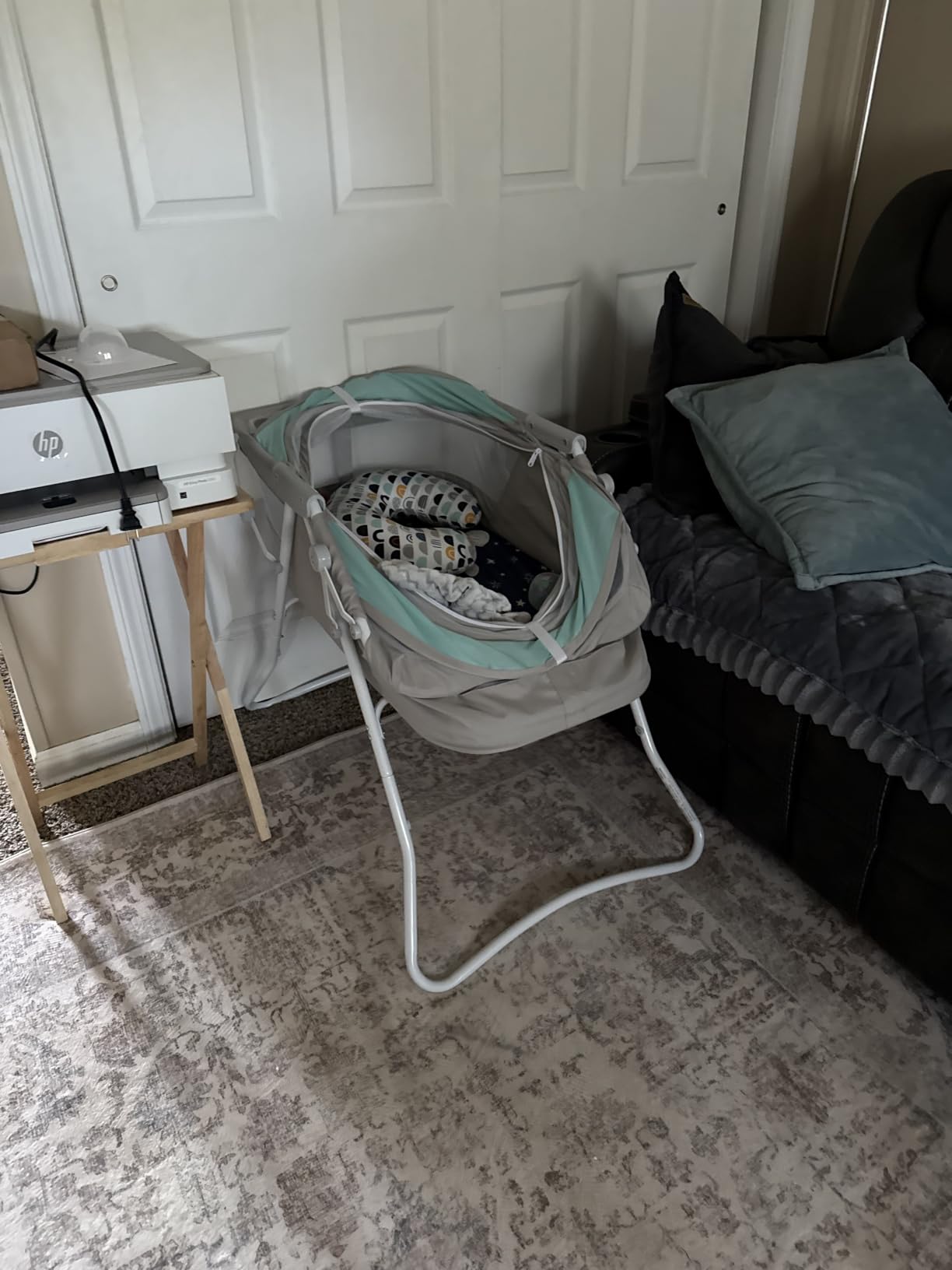 Dream On Me Karley Portable Newborn Bassinet with Double Mesh Canopy, Foldable Travel Bassinet with Storage Basket, Lightweight, Indoor Outdoor Use, Blue/Grey customer photo 1