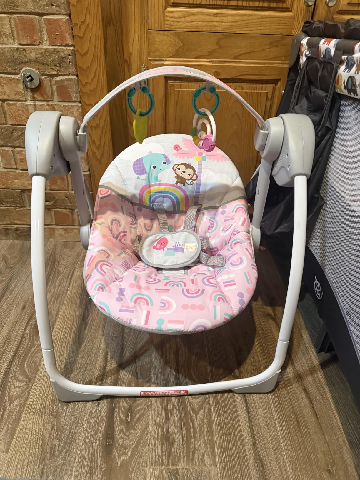 Bright Starts Portable Automatic 6-Speed Baby Swing with Adaptable Speed, Taggies, Music, Removable-Toy-Bar, 0-9 Months 6-20 lbs (Whimsical Wild) customer photo 1