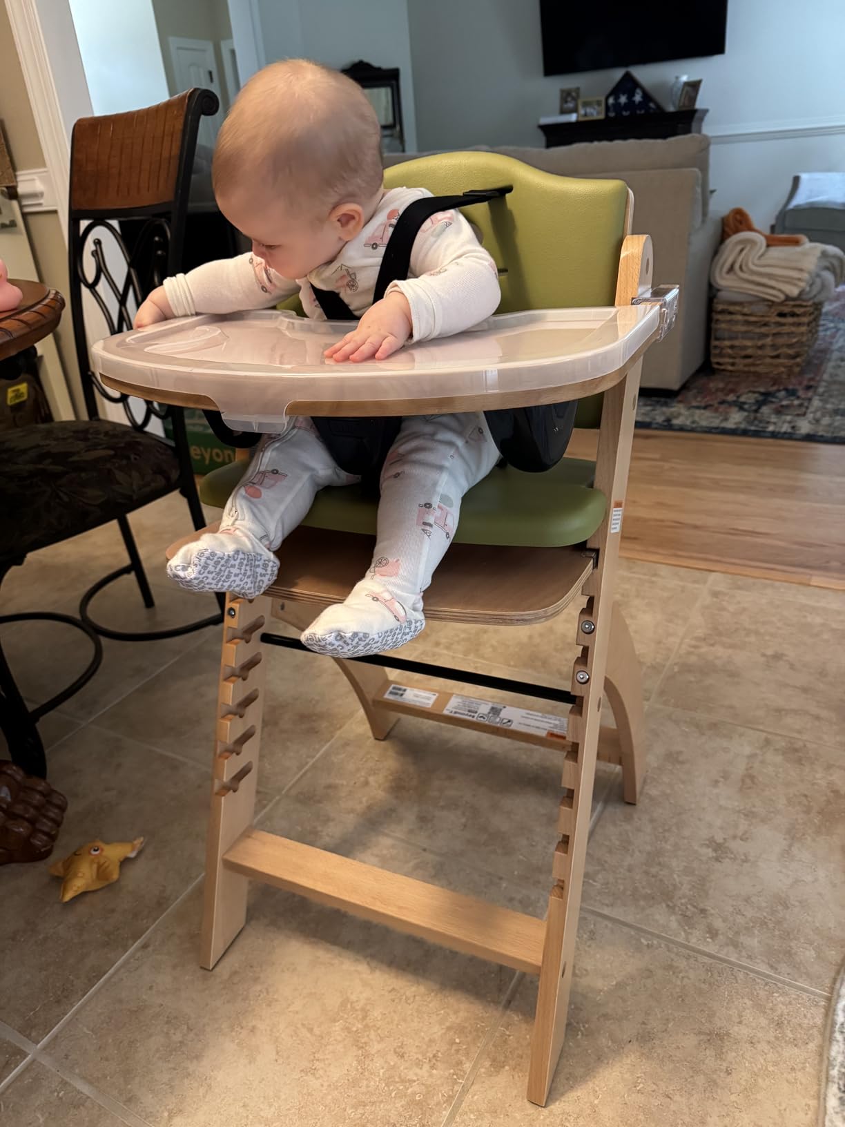 Abiie Beyond Junior Wooden High Chair for Babies and Toddlers - Convertible 3-in-1 Baby Highchair with Removable Tray - 6 Months to 250 Lb - Water Resistant - Natural Wood/Black Pearl Cushion customer photo 1