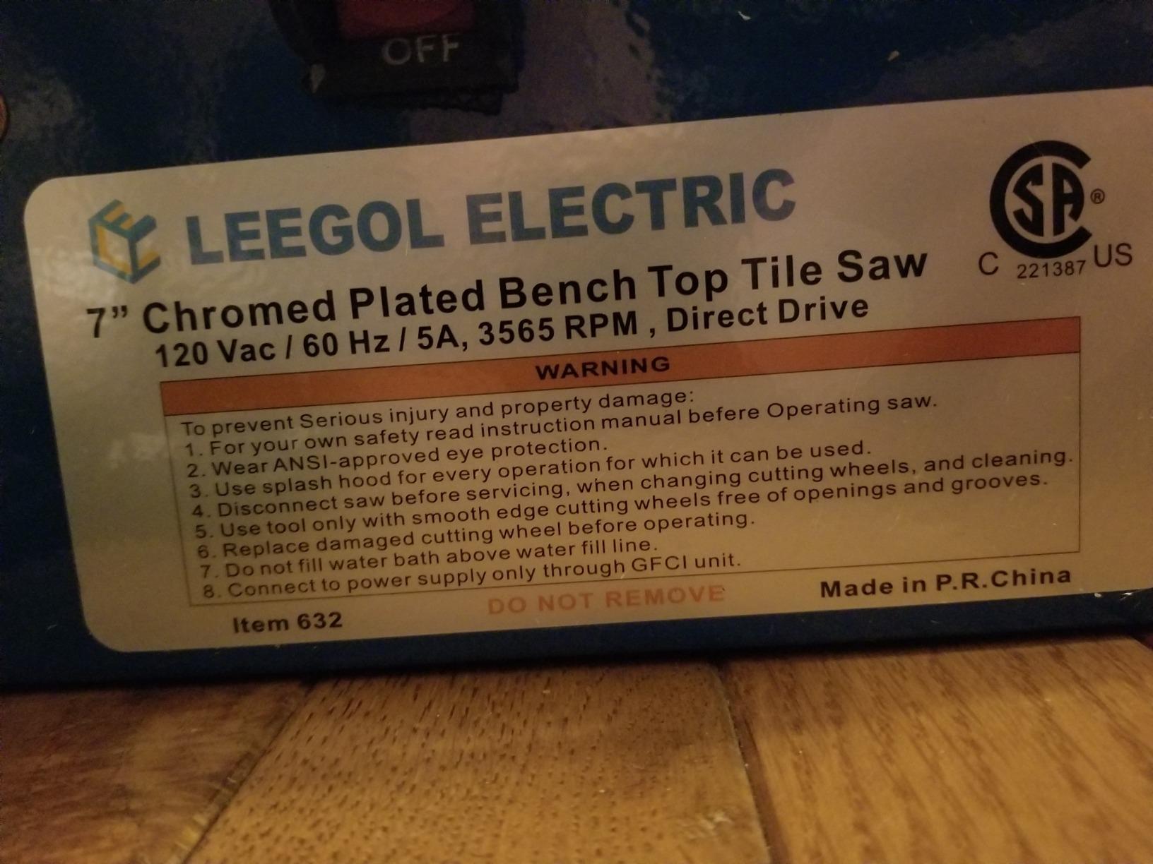 Leegol Electric 7in. Wet Tile Saw (wet tile saw 1) customer photo 1