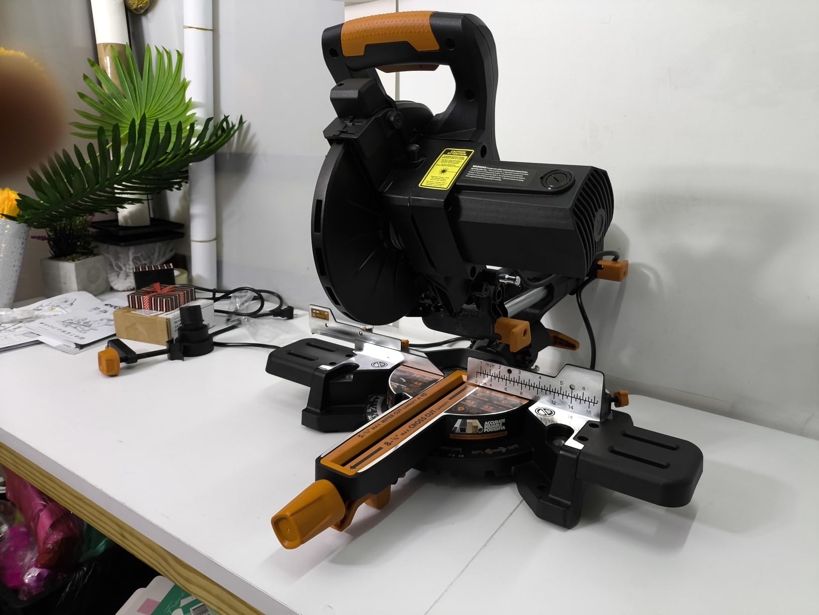 Evolution Power Tools R185SMS+ Sliding Miter Saw with Multi-Material Cutting, 45 Degree Bevel, 50 Degree Miter, 210 mm Slide, Blade Included Cuts Wood Plastic Metal & More, 7-1/4