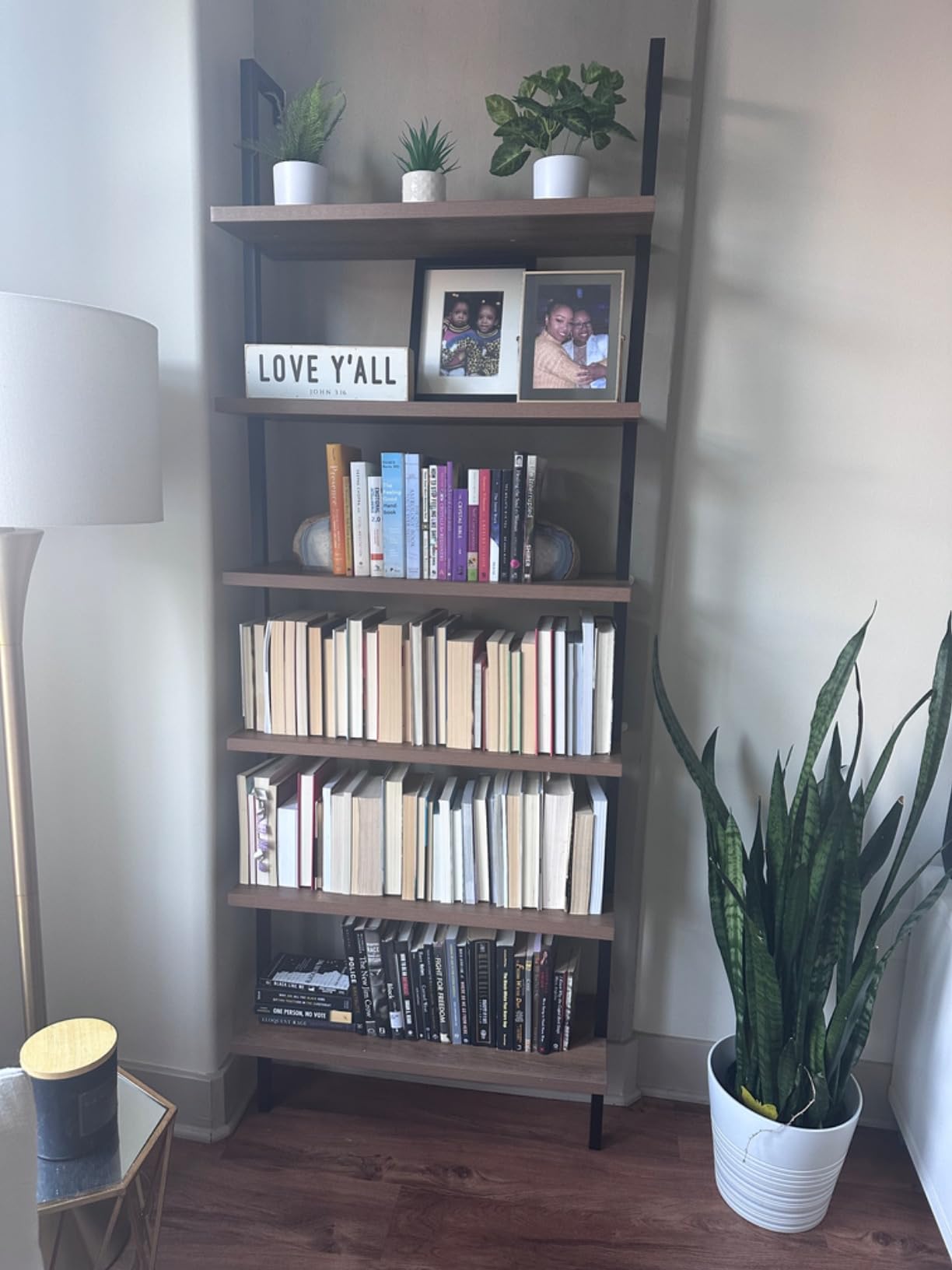 Nathan James Theo 6-Shelf Tall Modern Bookshelf, Wall Mount Ladder Shelf Bookcase with Wood and Industrial Metal Frame, Matte White customer photo 2