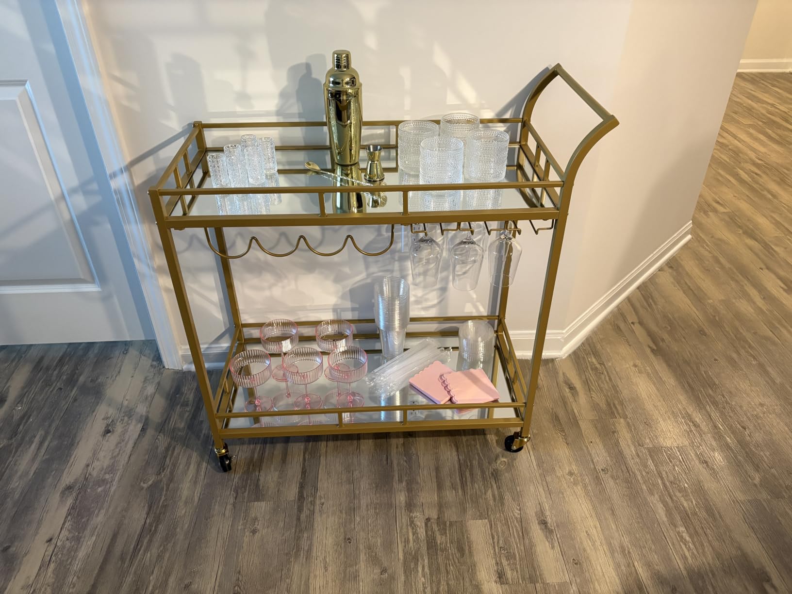 VASAGLE Bar Cart Gold, Home Bar Serving Cart, Wine Cart with 2 Mirrored Shelves, Wine Holders, Glass Holders, for Kitchen, Dining Room, Gold ULRC090A03 customer photo 1