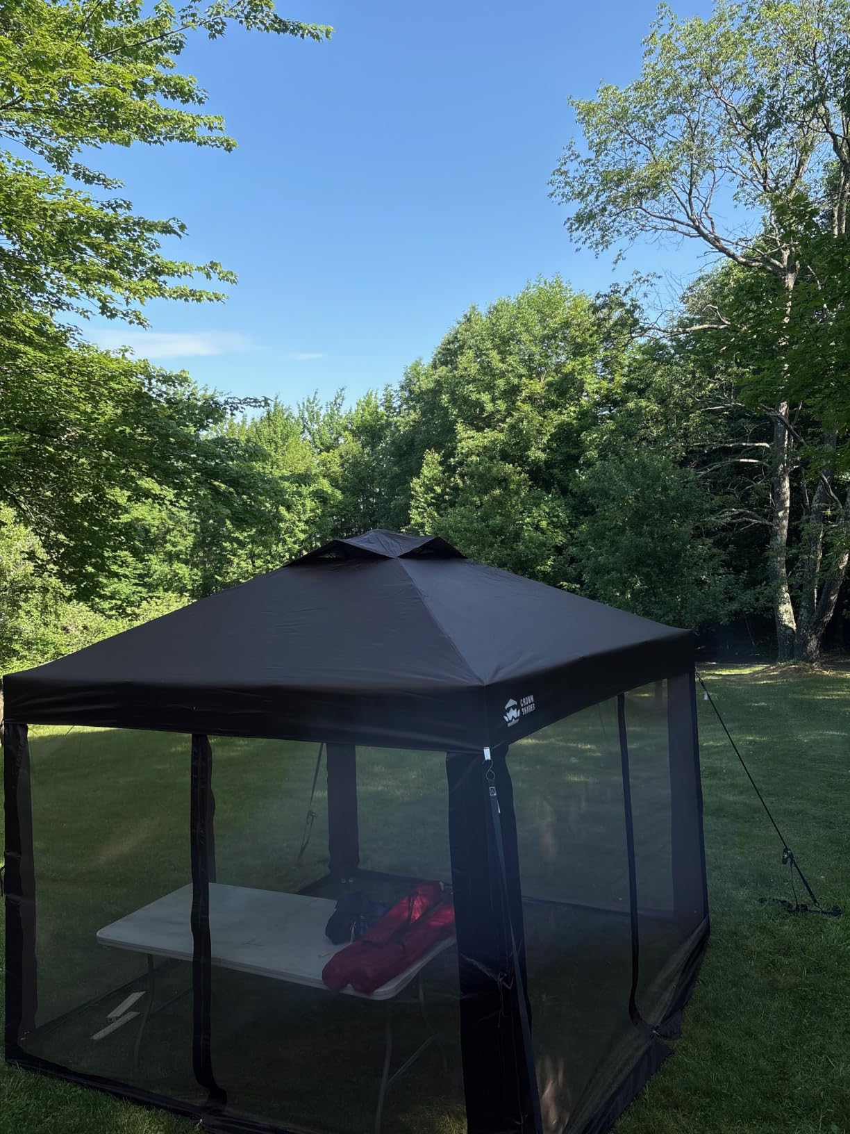 CROWN SHADES 11x11 Pop Up Gazebo, Patented One Push Outdoor Canopy Tent with Wheeled STO-N-GO Cover Bag, Pop Up Canopy with Netting for Patio, Backyard (11x11, Beige & Coffee) customer photo 1