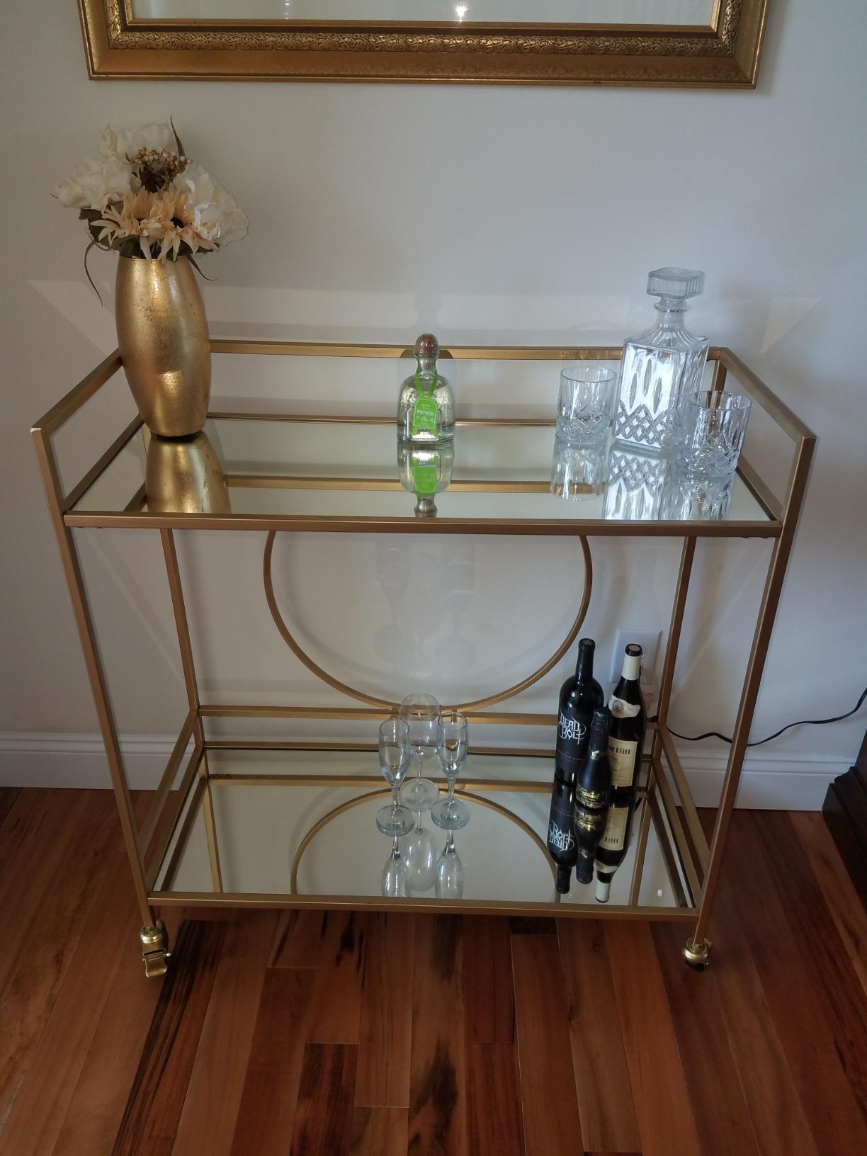 RiteSune Gold Bar Cart, Modern Wine Cart with Wheels, Home Bar Serving Carts with 2 Tier Mirrored Shelves, Wine Bar Carts for The Home, Dining Room, Kitchen customer photo 2
