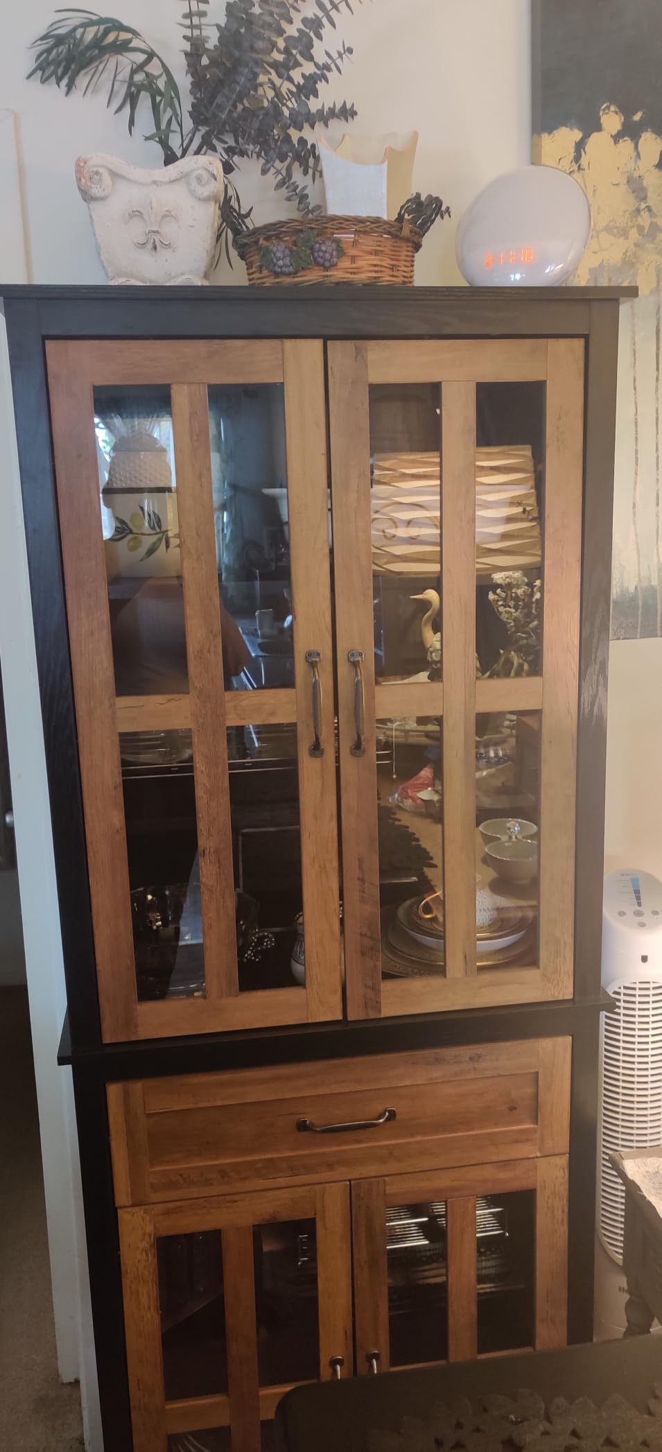 FOTOSOK 71'' Tall Kitchen Cabinet with Glass Doors and Drawer, Freestanding Food Pantry with Adjustable Shelves for Dining, Living Room, Natural customer photo 1
