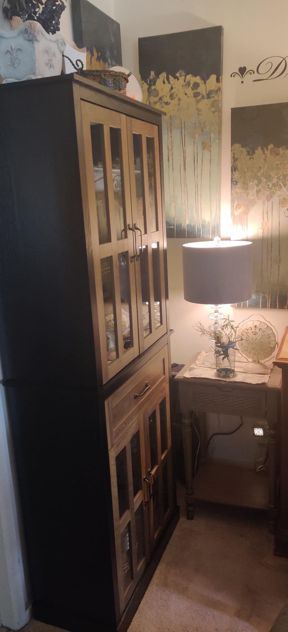 FOTOSOK 71'' Tall Kitchen Cabinet with Glass Doors and Drawer, Freestanding Food Pantry with Adjustable Shelves for Dining, Living Room, Natural customer photo 2