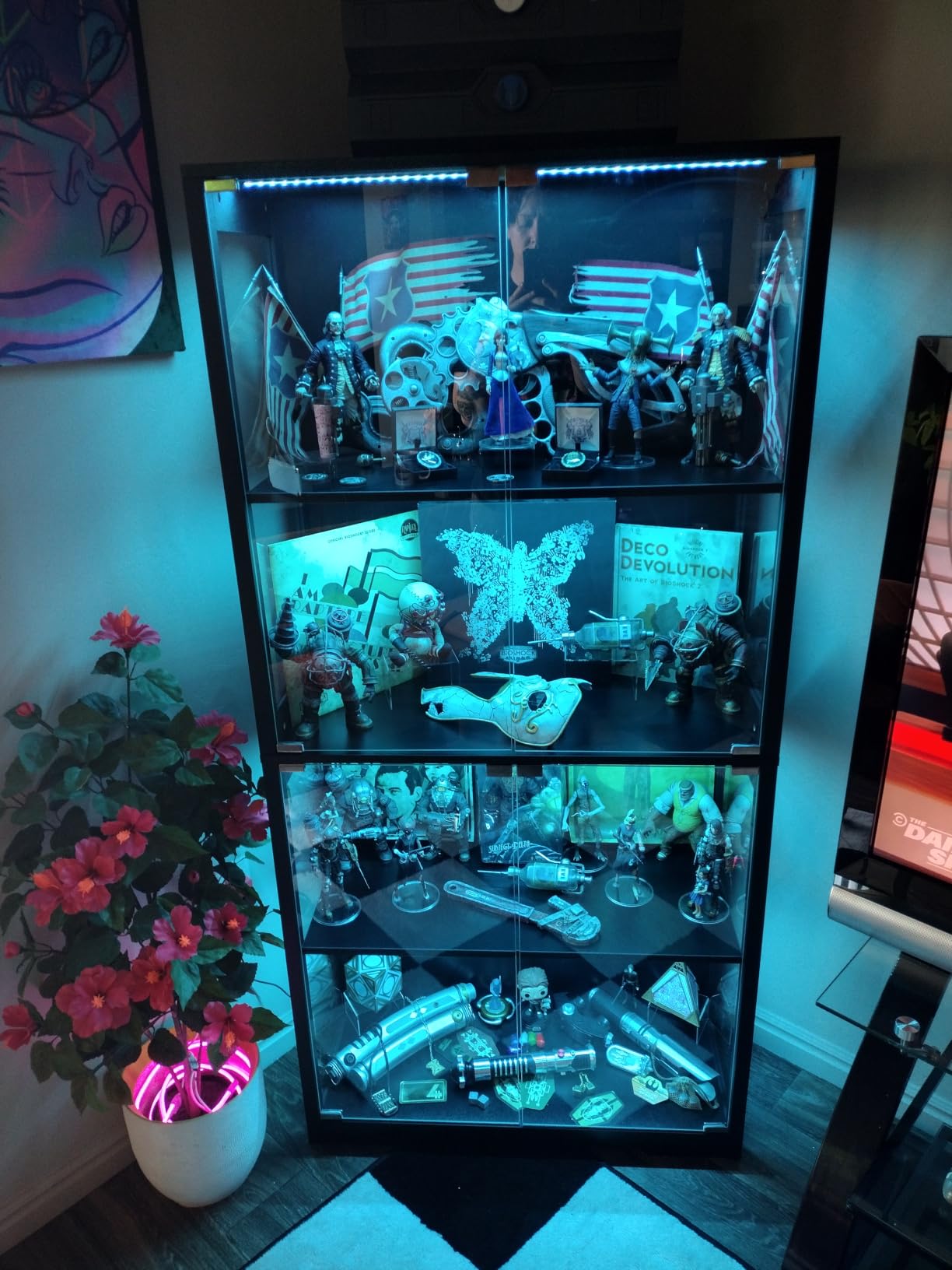 BROTTAR Display Cabinet with Glass Doors, 4-Tier Curio Cabinet with 3 Color Lights for Collectibles, Glass Display Case with Human Body Sensor, Bookcase with 4 Shelves, Storage Cabinets, Black customer photo 1