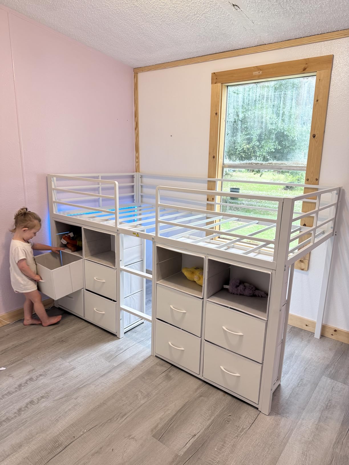 ADORNEVE Low Loft Bed Twin Size with 8 Storage Drawers, Twin Loft Bed with Bookcase and LED Lights, Metal Kids Loft Bed with 14