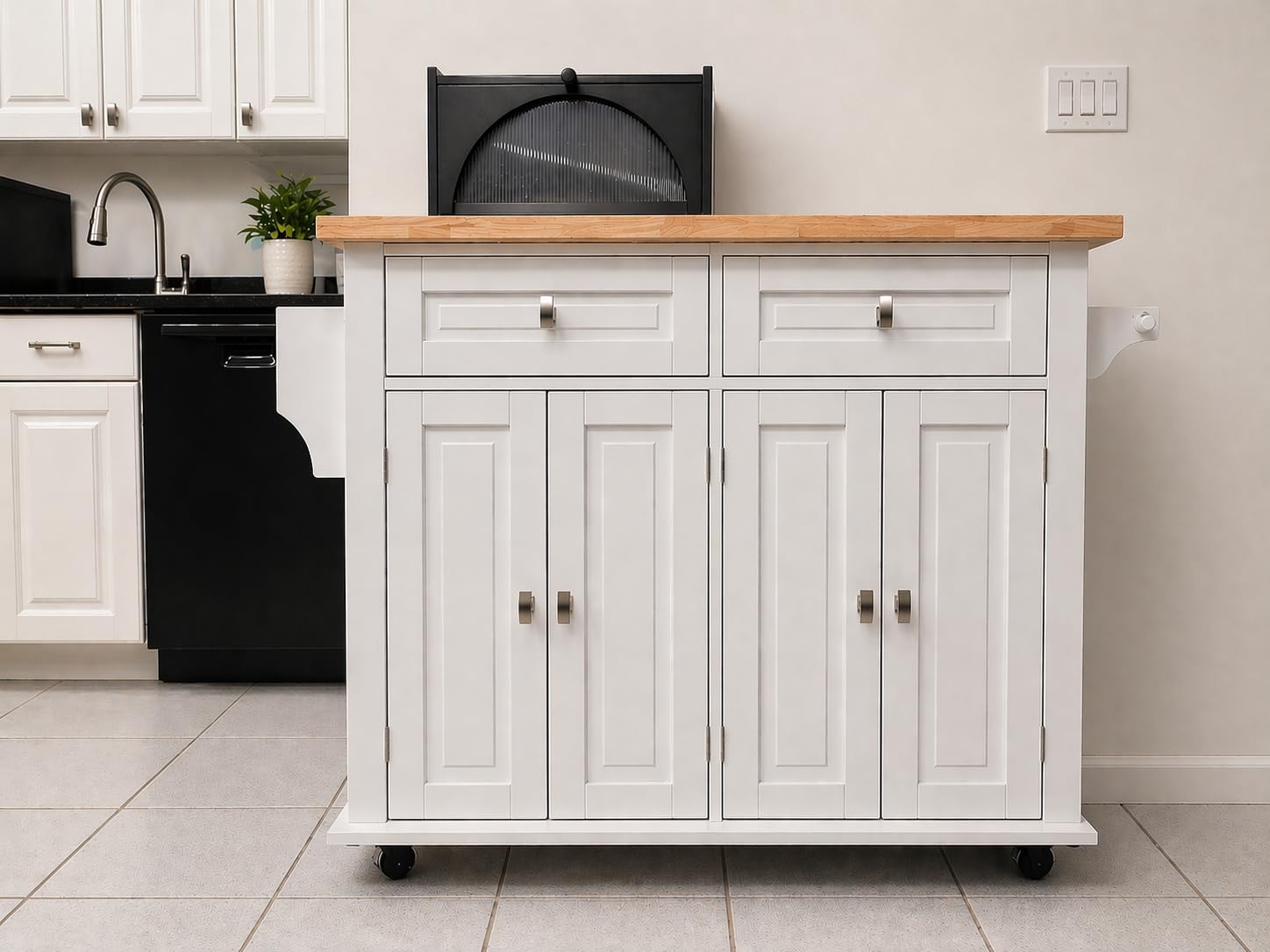 VEVOR Kitchen Island Cart with Storage, 60in Wide Mobile Kitchen Cart with Wheels, Drop Leaf, 2 Drawers, Trash Can Cabinet, Knife Holder, Spice Rack, and Towel Rack, Table for Dining Room, Pantry customer photo 1