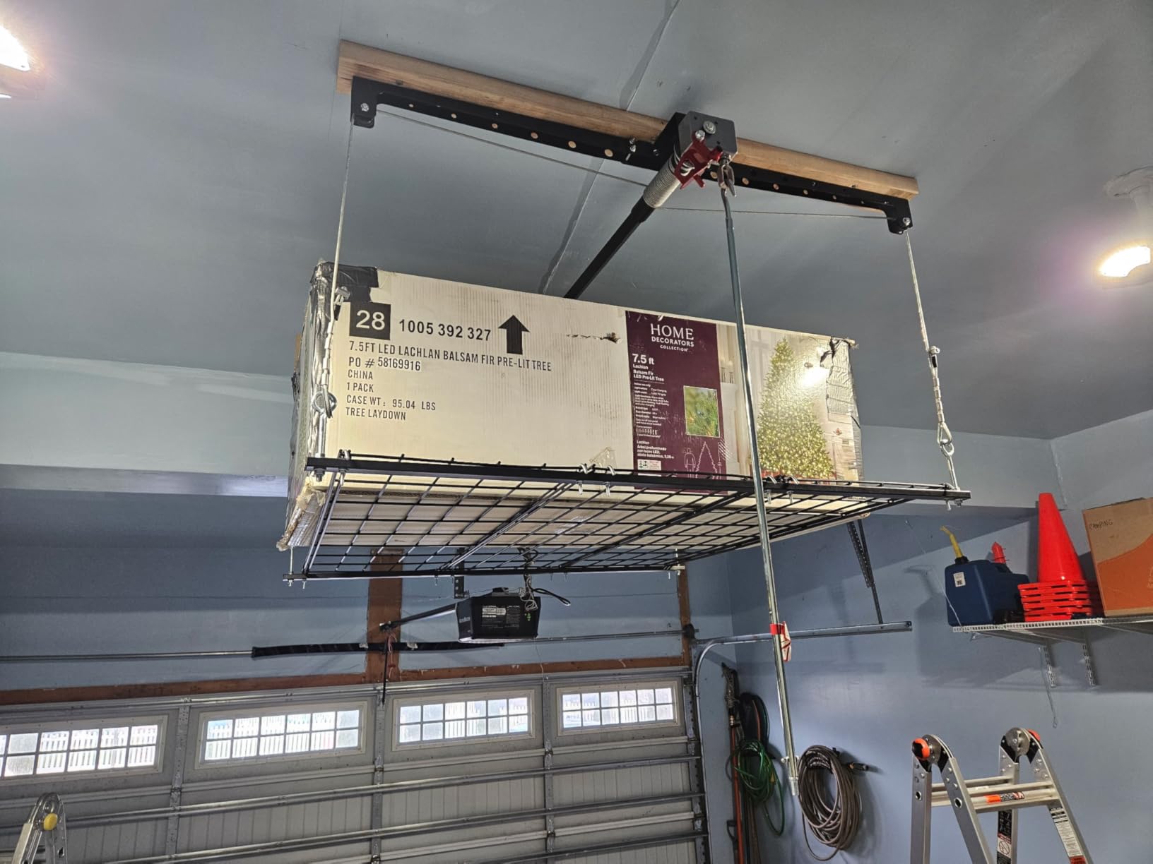 Overhead Garage Storage Rack for 8-10ft Ceiling, Heavy-duty 4x4 FT Garage Ceiling Storage Racks with Safety Lock, Ideal for Storage Mounted Lift System and Storage Organizer, 250lbs Capacity customer photo 1