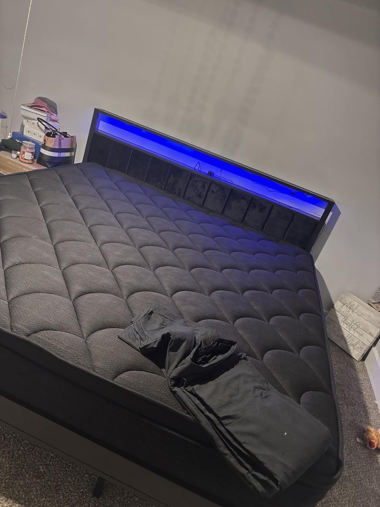 OLEVS King Bed Frame with Charging Station & LED Lights, Modern Platform Bed with Upholstered Storage Headboard, No Box Spring Needed Noise Free customer photo 1