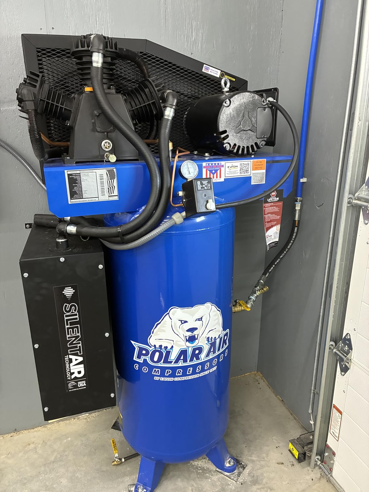 Industrial 3-Cylinder Silent Air Compressor, 5HP 60Gal 19CFM 230V, Vertical 2-Stage, Splash Lube Pump & Isolator Pads, Assembled in the USA customer photo 2