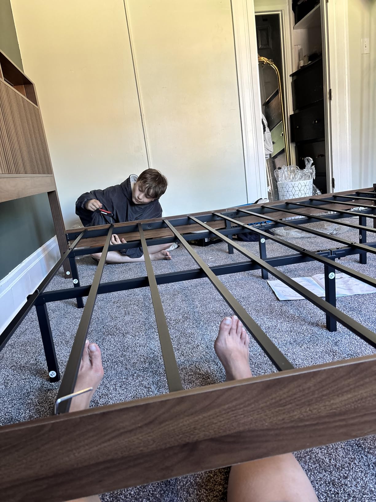 CypBed King Size Bed Frame and Headboard& 2 Storage Drawers, King Bed Frame with LED Light and Charging Port, Farmhouse Wavy Design, Wood & Metal Platform, Noise-Free, No Box Spring Needed, Walnut customer photo 1