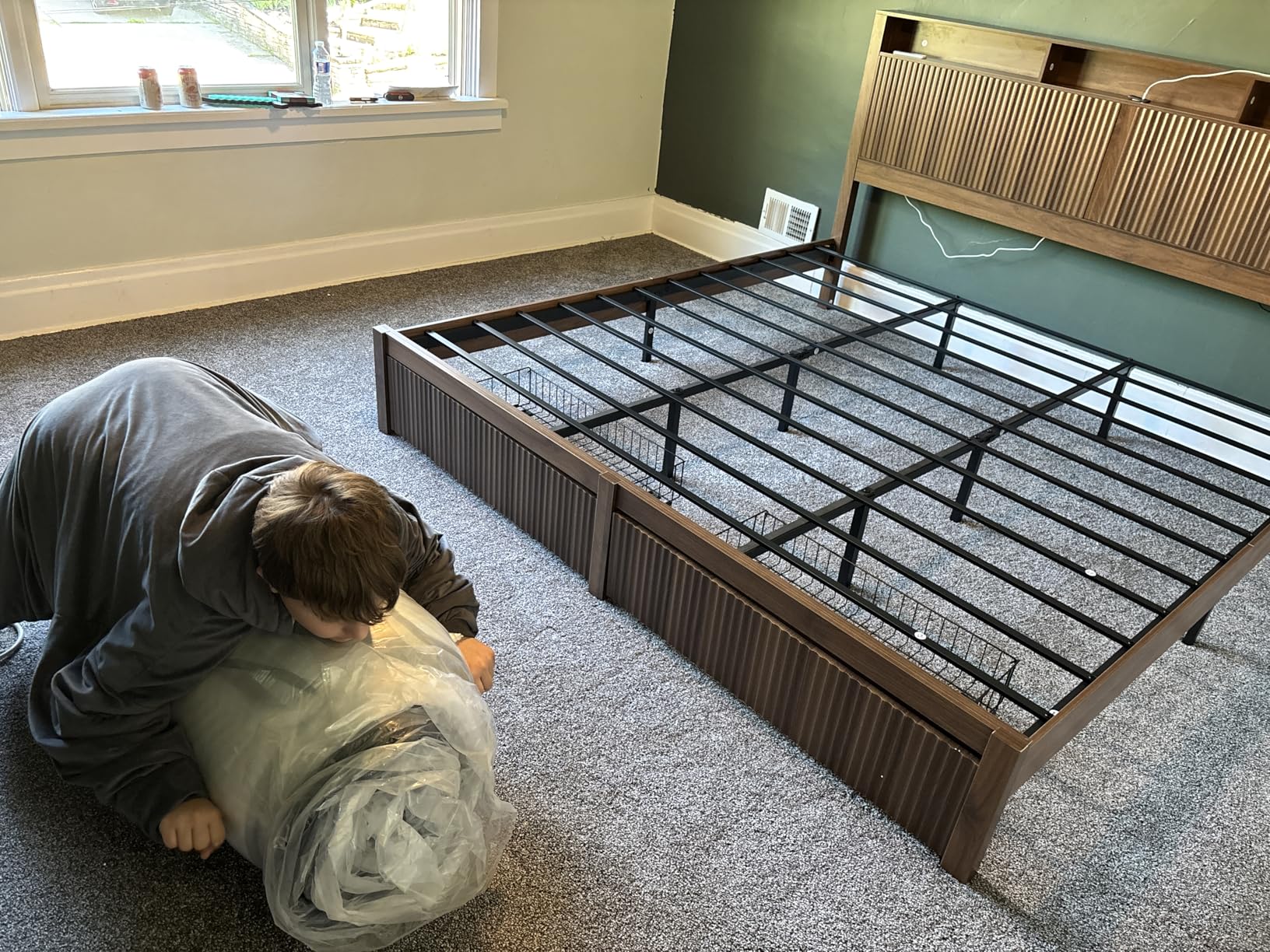 CypBed King Size Bed Frame and Headboard& 2 Storage Drawers, King Bed Frame with LED Light and Charging Port, Farmhouse Wavy Design, Wood & Metal Platform, Noise-Free, No Box Spring Needed, Walnut customer photo 2