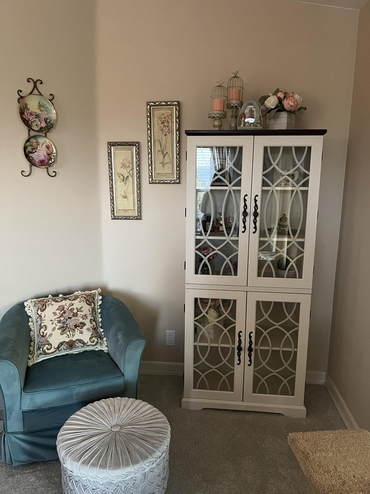Joaxswe 67 Tall Bookshelf, Rustic Book Shelf w/Vintage Pattern Tempered Glass Doors, 5-Tier Wood Bookcase with Adjustable Storage Shelves, Retro Curio Display Cabinet for Living Room, Navy Blue customer photo 1