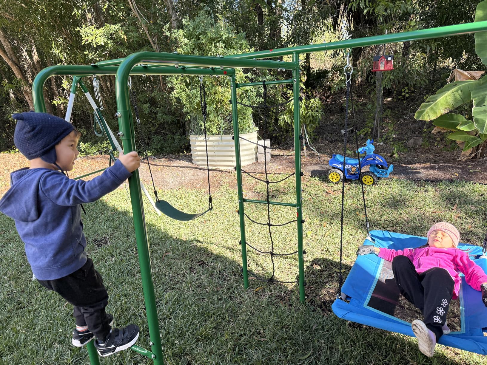 Hapfan Swing Sets for Backyard with Monkey Bars, Belt Swing, Platform Swing, Climbing Net, Trapeze Bar, Outdoor Playset for Kids (Black & Orange) customer photo 1