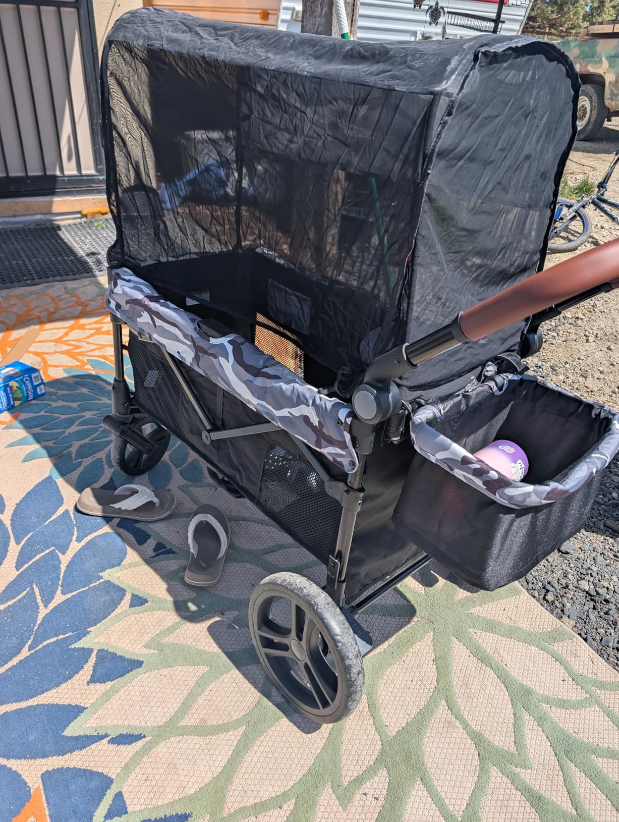 ELEMARA All-Terrain Stroller Wagon for 2 Kids, Foldable Kids Wagon Stroller Includes Removable Canopy, Mosquito net, Adjustable Push & Pull Handle, Snack Tray & Cup Holders, Storage Basket, Grey+Black customer photo 2