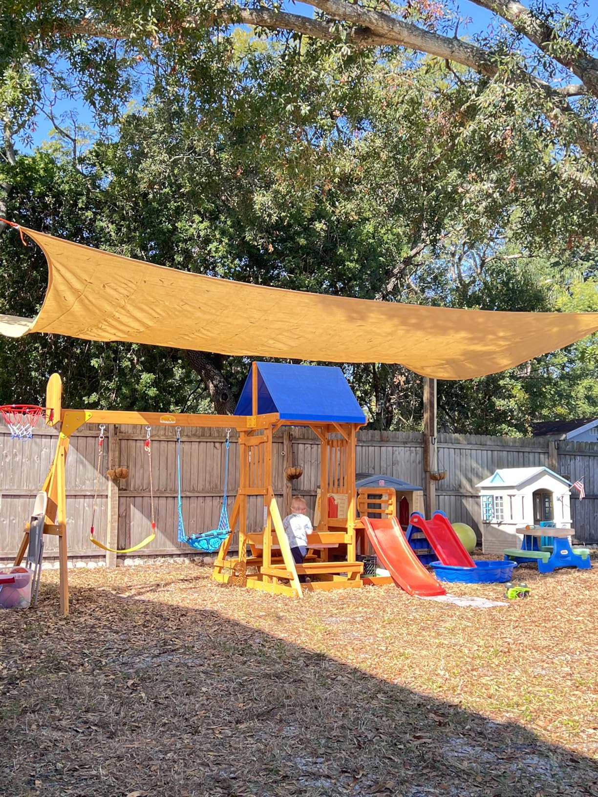 SUNIBOXI Wooden Swing Sets for Backyard, Kids Outdoor Playground Set with Monkey Bars, Slide, Swings, Climbing Ladder, Rock Wall, Picnic Table with Canopy for Ages 3-10 customer photo 1
