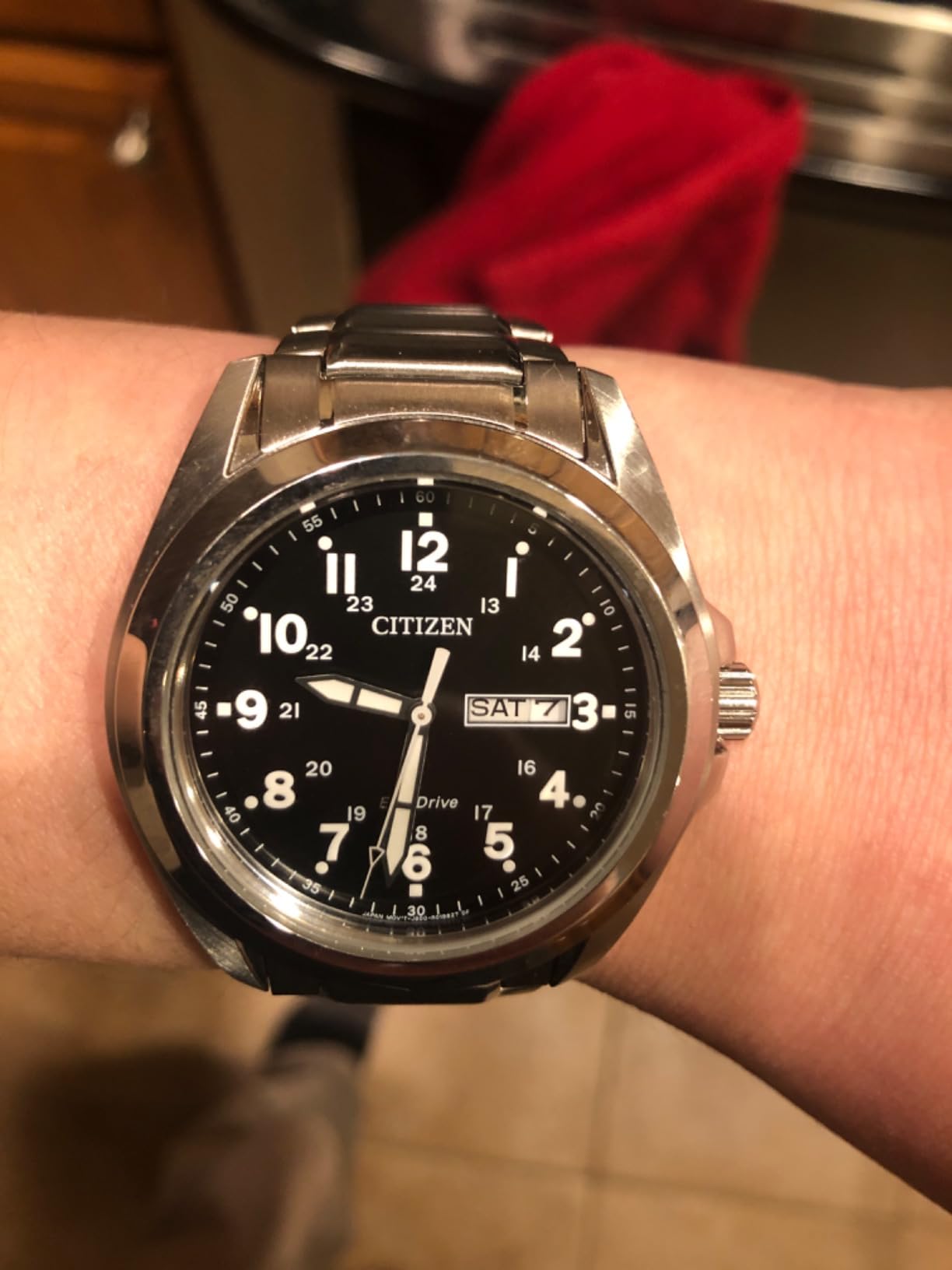 Men's Eco-Drive Weekender Garrison Field Watch in Stainless Steel, Black Dial, Arabic Markers, Luminous, 43mm (Model: AW0050-82E) customer photo 1