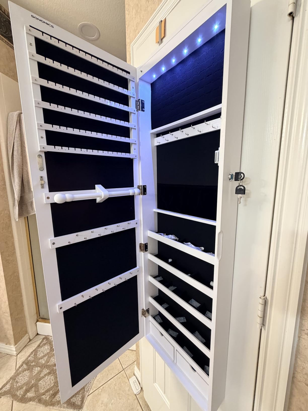 SONGMICS 6 LEDs Mirror Jewelry Cabinet, 47.2-Inch Tall Lockable Wall or Door Mounted Jewelry Armoire Organizer with Mirror, 2 Drawers, White UJJC93W customer photo 2