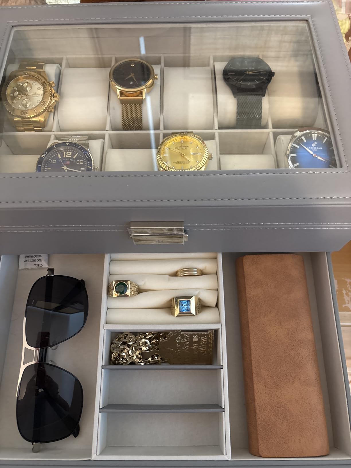 Ogrmar 12 Slot PU Leather Lockable Watch Storage Boxes, Men & Women Jewelry Display Drawer Case, 2-tier Organizer Watch Showcase with Glass Lid (Black) customer photo 2