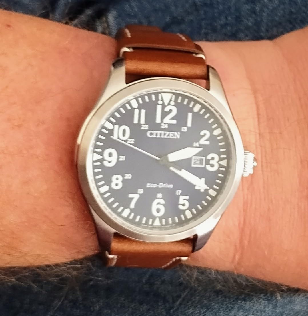 Men's Sport Casual Garrison 3-Hand Date Eco-Drive Leather Strap Watch, Arabic Markers, Stainless Steel, Field Watch customer photo 1