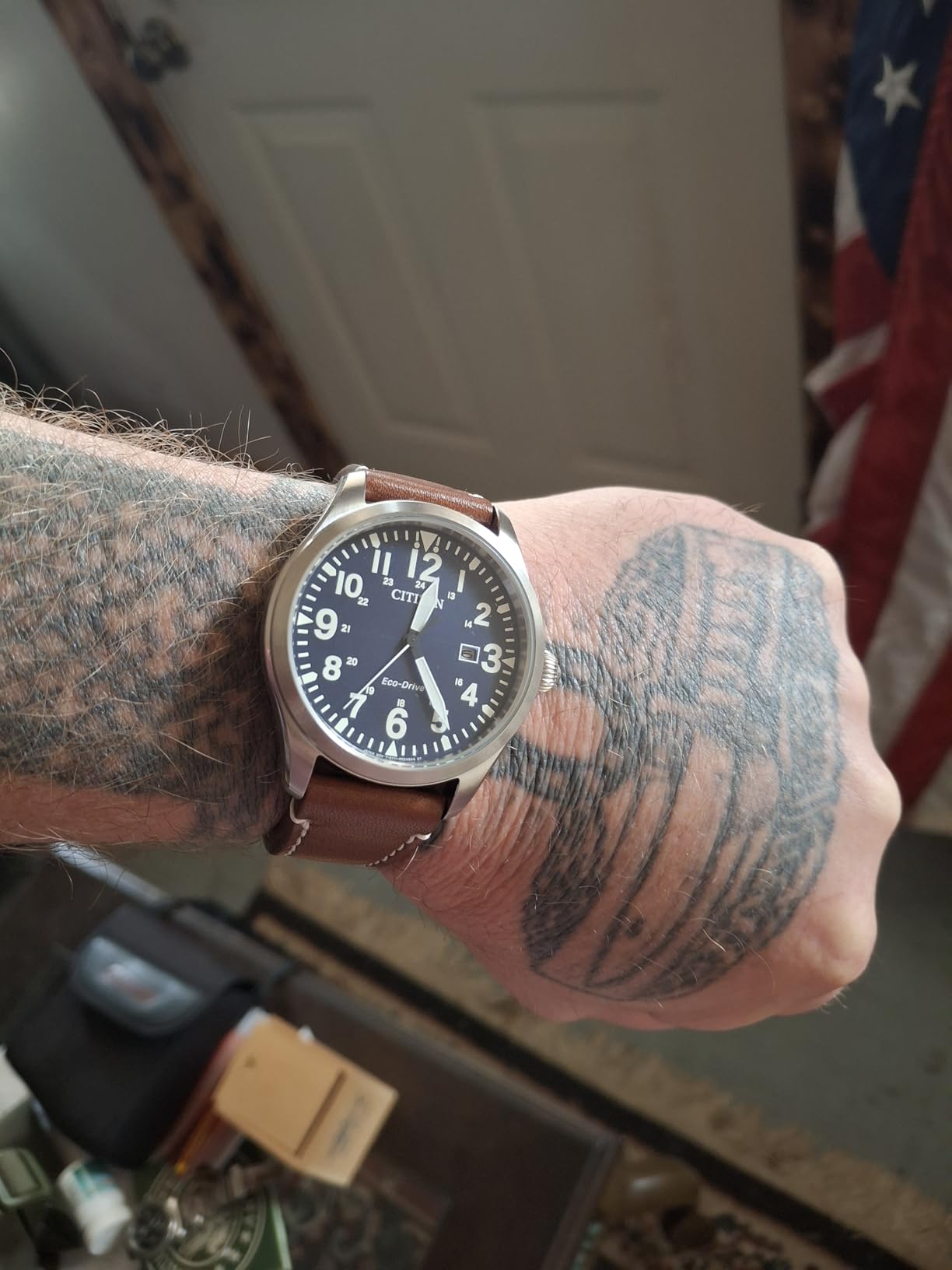 Men's Sport Casual Garrison 3-Hand Date Eco-Drive Leather Strap Watch, Arabic Markers, Stainless Steel, Field Watch customer photo 2