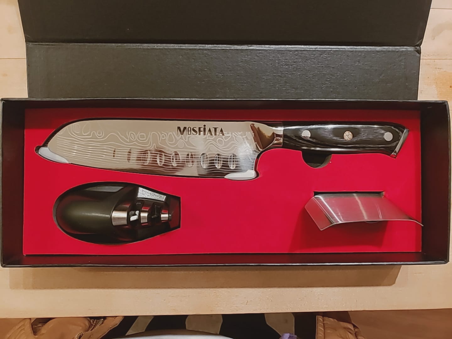 MOSFiATA Santoku Knife- 7 Inch Vegetable Knife Ultra Sharp Chopping Knife- Forged EN.4116 German Steel- Including Sheath,Finger Guard,Knife Sharpener,Full Tang,Best Gifts with Handmade Gift Box customer photo 1