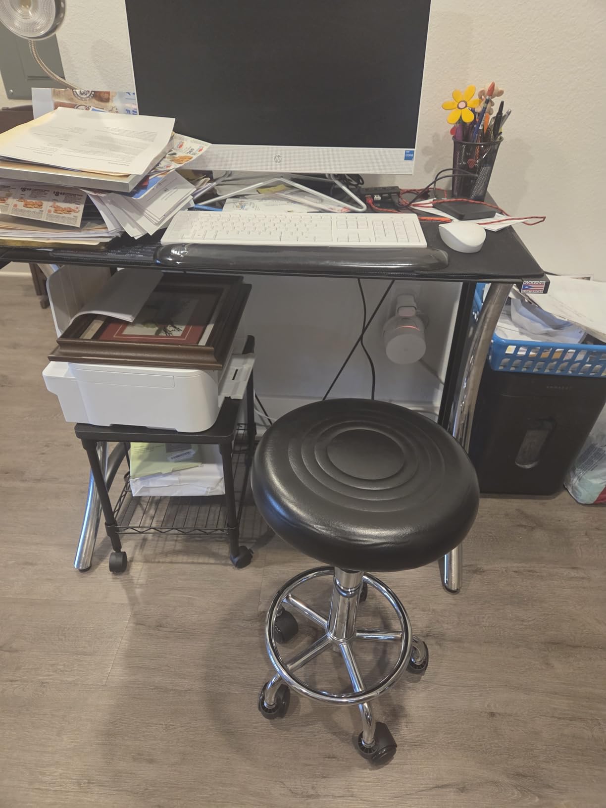 KKTONER PU Leather Modern Round Rolling Stool with Footrest Height Adjustable Spa Drafting Salon Tattoo Work Massage Stools Task Chair Small (White) customer photo 1