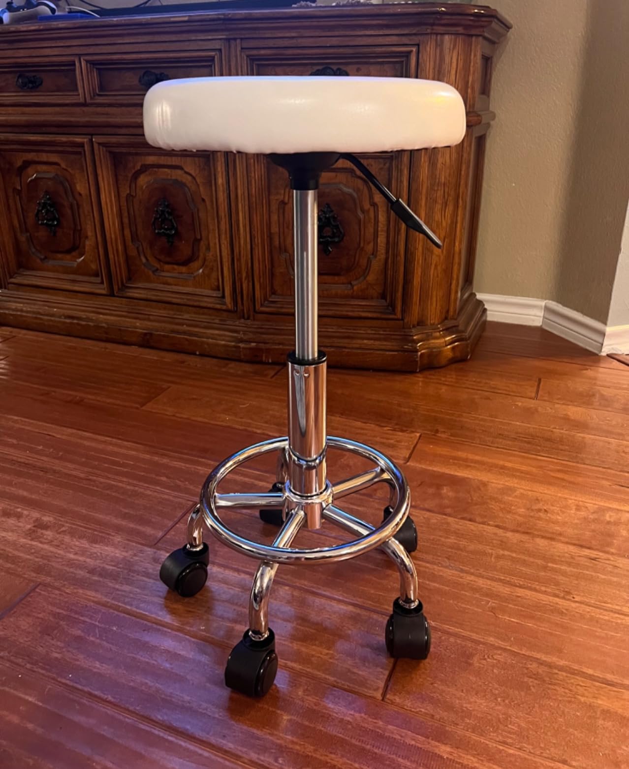 KKTONER PU Leather Modern Round Rolling Stool with Footrest Height Adjustable Spa Drafting Salon Tattoo Work Massage Stools Task Chair Small (White) customer photo 2
