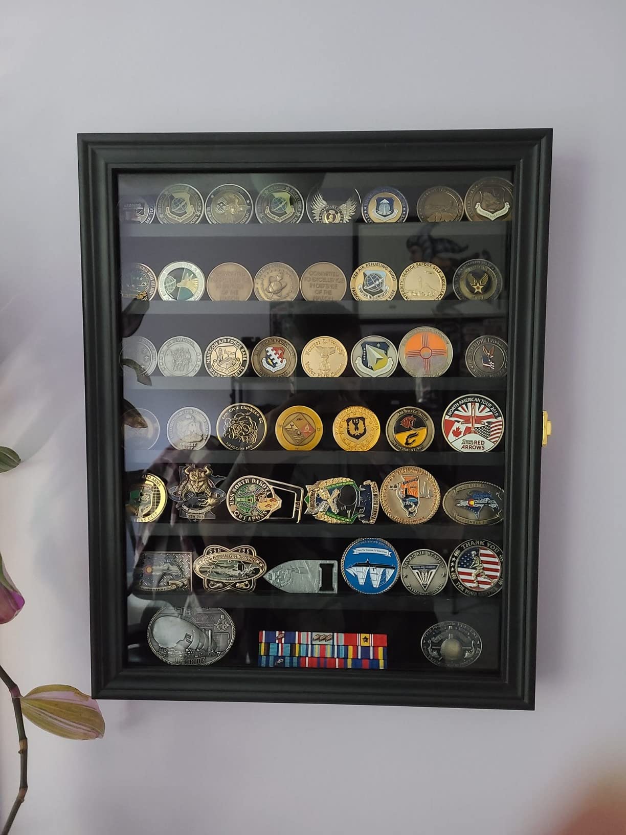Military Challenge Coin Display Case Lockable Wooden Cabinet Rack Holder | Black Showcase Shadow Box with Removable 2 Grooves Shelves and Anti Fade Real Glass Door for Casino Poker Chips Collectibles customer photo 2