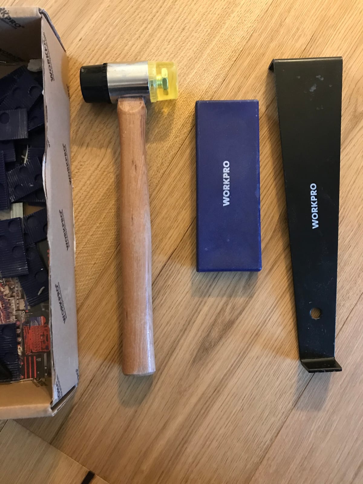WORKPRO Laminate Wood Flooring Tool Kit, Installation Accessories Set | Reinforced Double-Faced Mallet, Heavy Duty Pull Bar, Tapping Block, 30 Spacers, Durable Construction, DIY Flooring Project customer photo 1