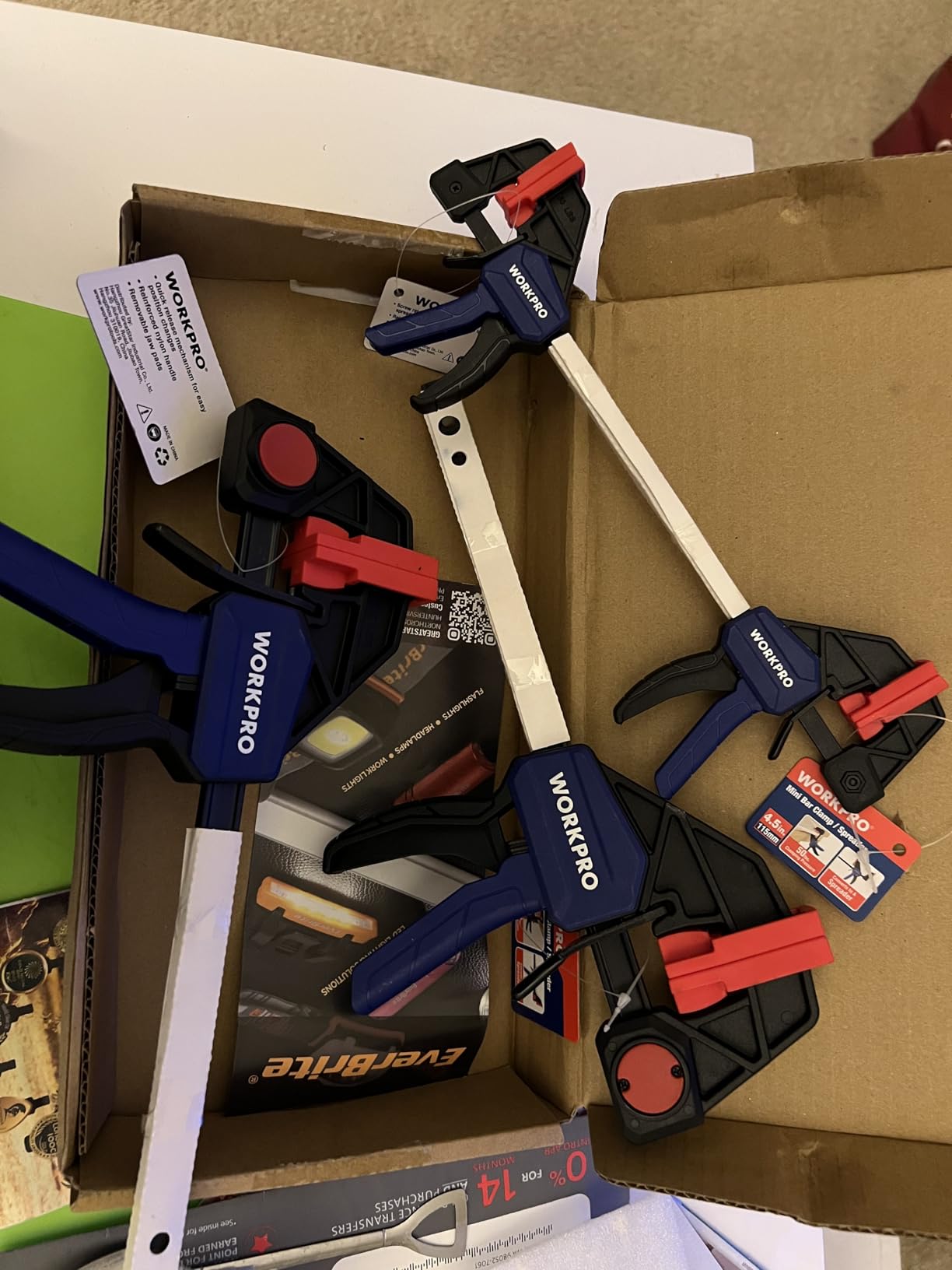 WORKPRO Bar Clamps for Woodworking, 6-Pack One-Handed Clamp/Spreader, 6-Inch (4) and 12-Inch (2) Wood Clamps Set, Light-Duty Quick-Change F Clamp with 150 lbs Load Limit Blue customer photo 1