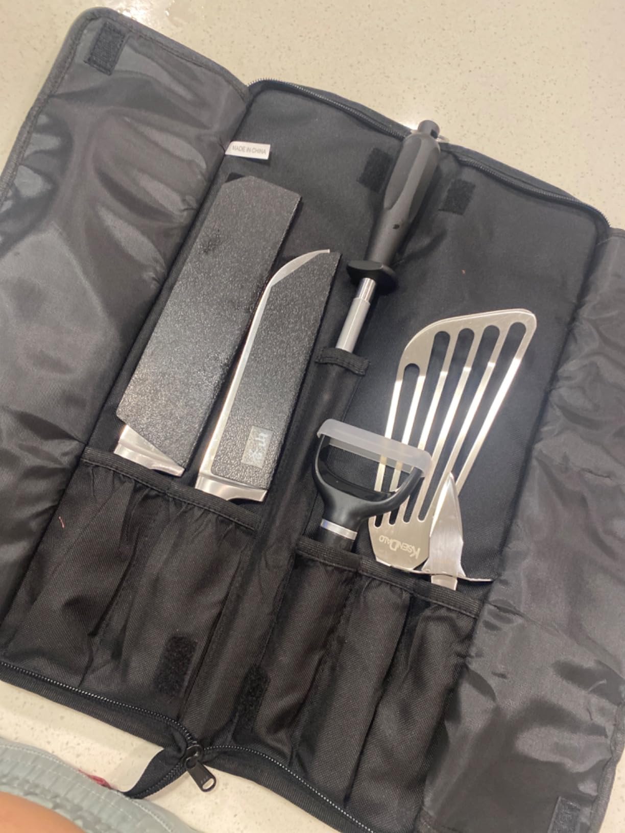 Asaya Chef Knife Roll Bag - 12-Pocket Chefs Case for Kitchen Knives and Utensils, Lightweight Stain-Resistant Waxed Nylon Chef Knife Bag - Knives Not Included (Black) customer photo 1