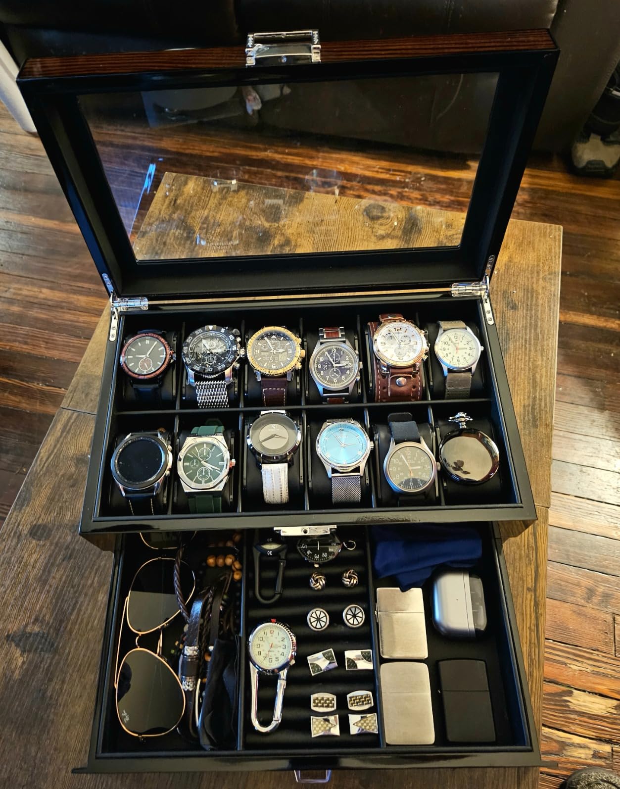 BEWISHOME High-End Watch Box 12-Slot Wooden Watch Case with Large Glass Lid | 2-Layer Watch Cases for Men, Watch Storage Organizer Holder 12Slot, Brown Red SSH02Y customer photo 1