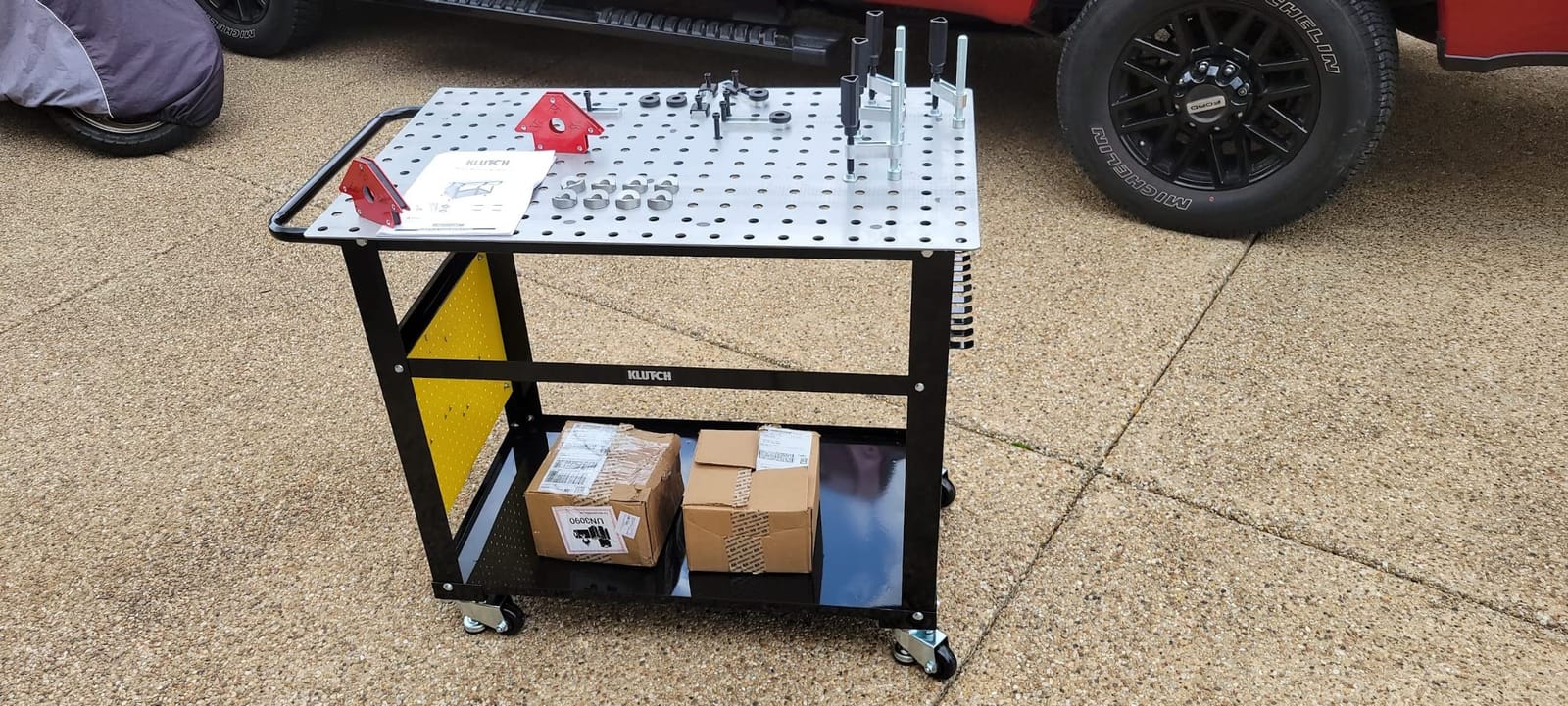 Klutch Mobile Welding Workstation, 26-Pc. Fit-Up Kit, 600-Lb. Capacity | 40in. x 24in. table, firm-grip handle, swivel casters, mobile fabrication/repair, secure workpiece fit-up customer photo 1
