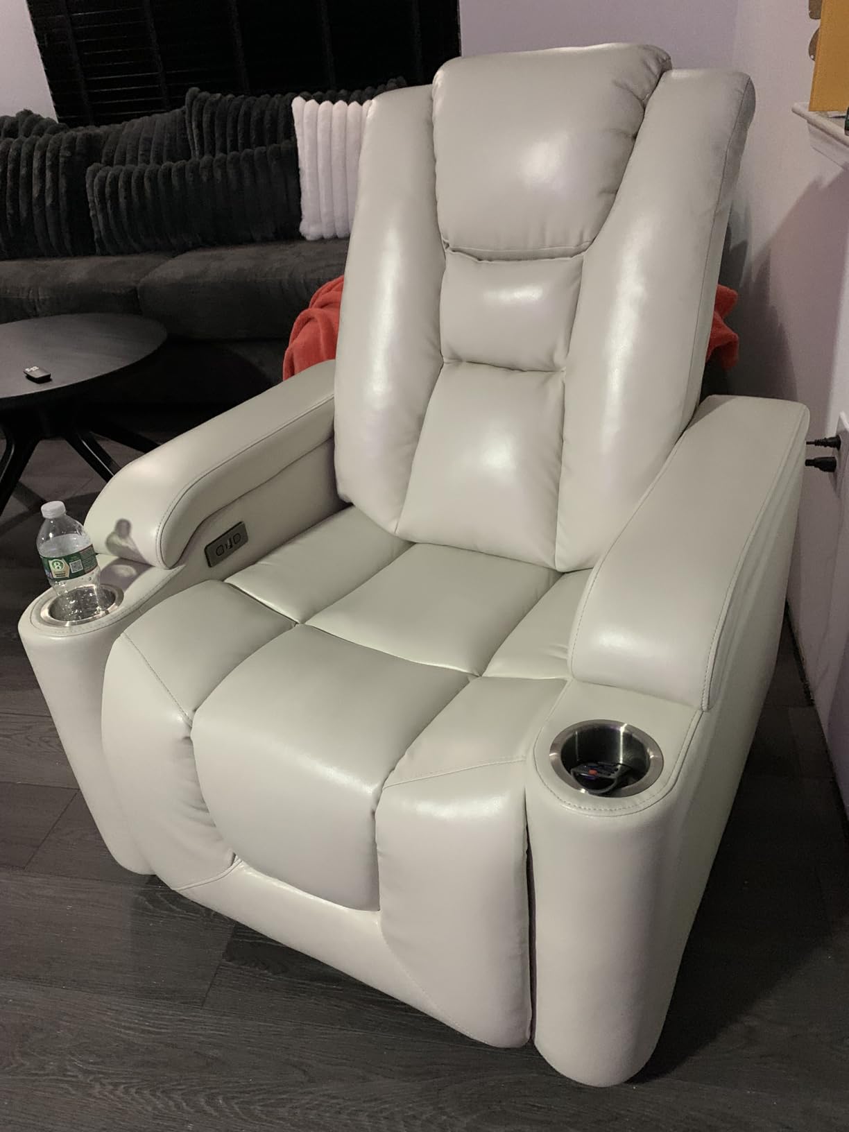 ANJ White Faux Leather Power Recliner, Theater Reclining Chair with hidden arm storage, cup holders and USB perfect for home theater, living room and media room leisure customer photo 2