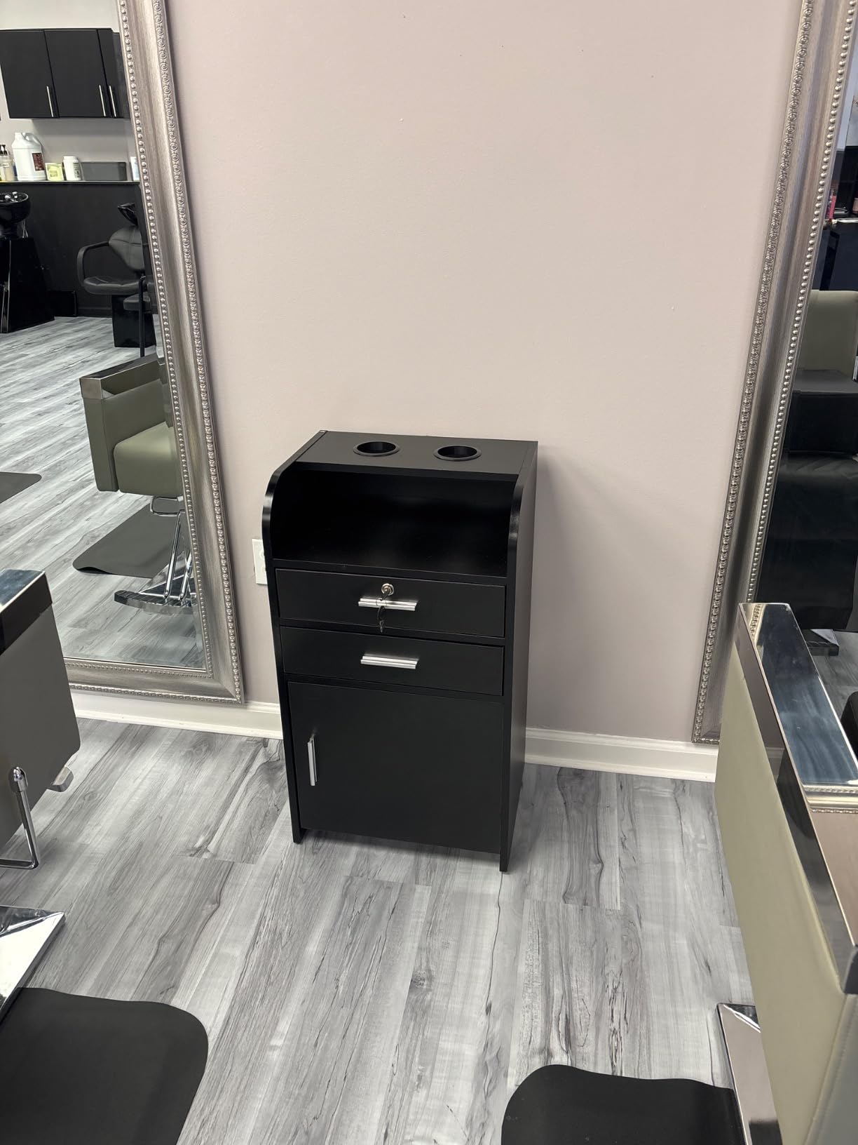 Hair Salon Station,Salon Trolley Cart with Wheels,Barber Storage Cabinet with Locking Drawer, Hair Stylist Station with 2 Hair Dryer Holders, Black customer photo 1