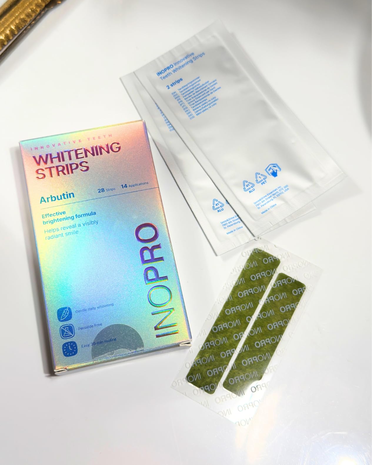 InoPro Teeth Whitening Strips 14 Treatments Kit - Enamel Safe Teeth Whitener, Peroxide-Free, Green White Strips for Teeth Whitening with Arbutin, Coconut Oil, Deep Stains Removal (28 Strips) customer photo 1