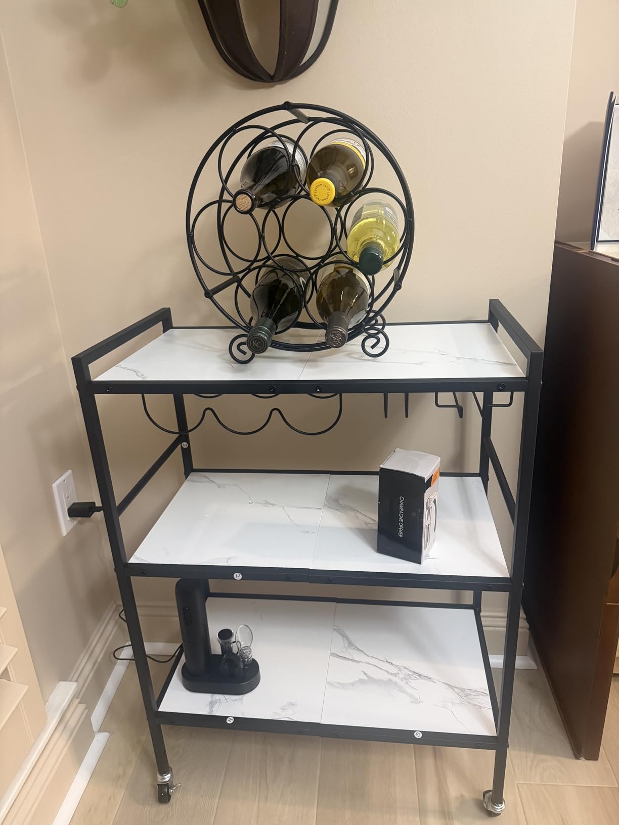 TUTOTAK Bar Cart, Serving Cart for Home, Microwave Cart, Drink Cart, Mobile Kitchen Shelf with Wine Rack and Glass Holder, Rolling Beverage Cart BC01BB030 customer photo 1