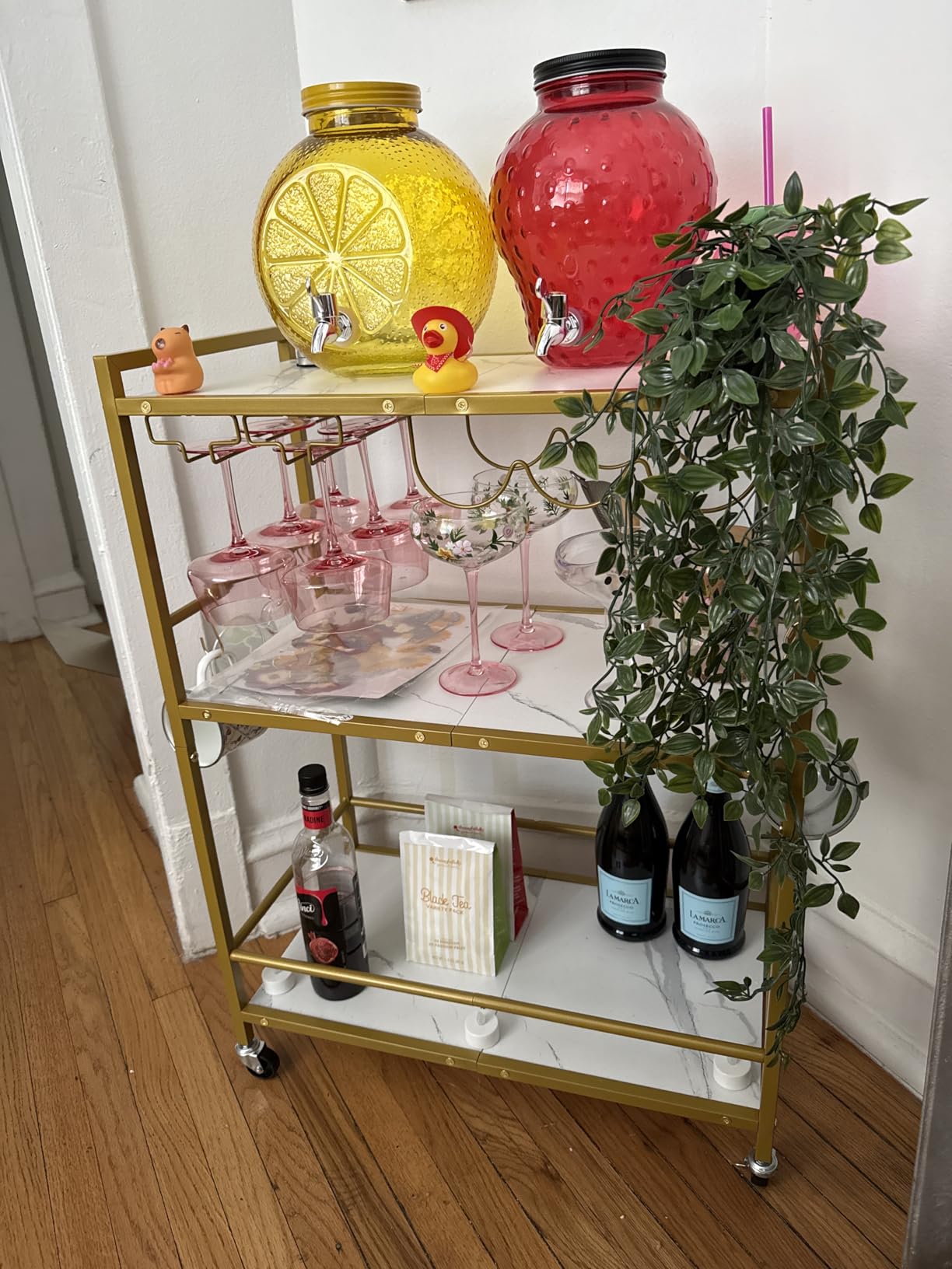 TUTOTAK Bar Cart, Serving Cart for Home, Microwave Cart, Drink Cart, Mobile Kitchen Shelf with Wine Rack and Glass Holder, Rolling Beverage Cart BC01BB030 customer photo 2