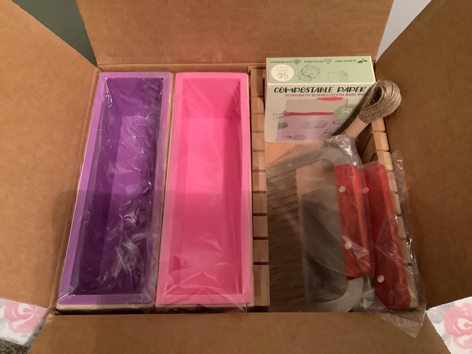 Soap Mold Making Kit with Wooden Cutter Soap Molds Silicone 46oz Purple - Melt and Pour or Cold Process, 50pc Soap Packaging Paper Bags and Slicer customer photo 2