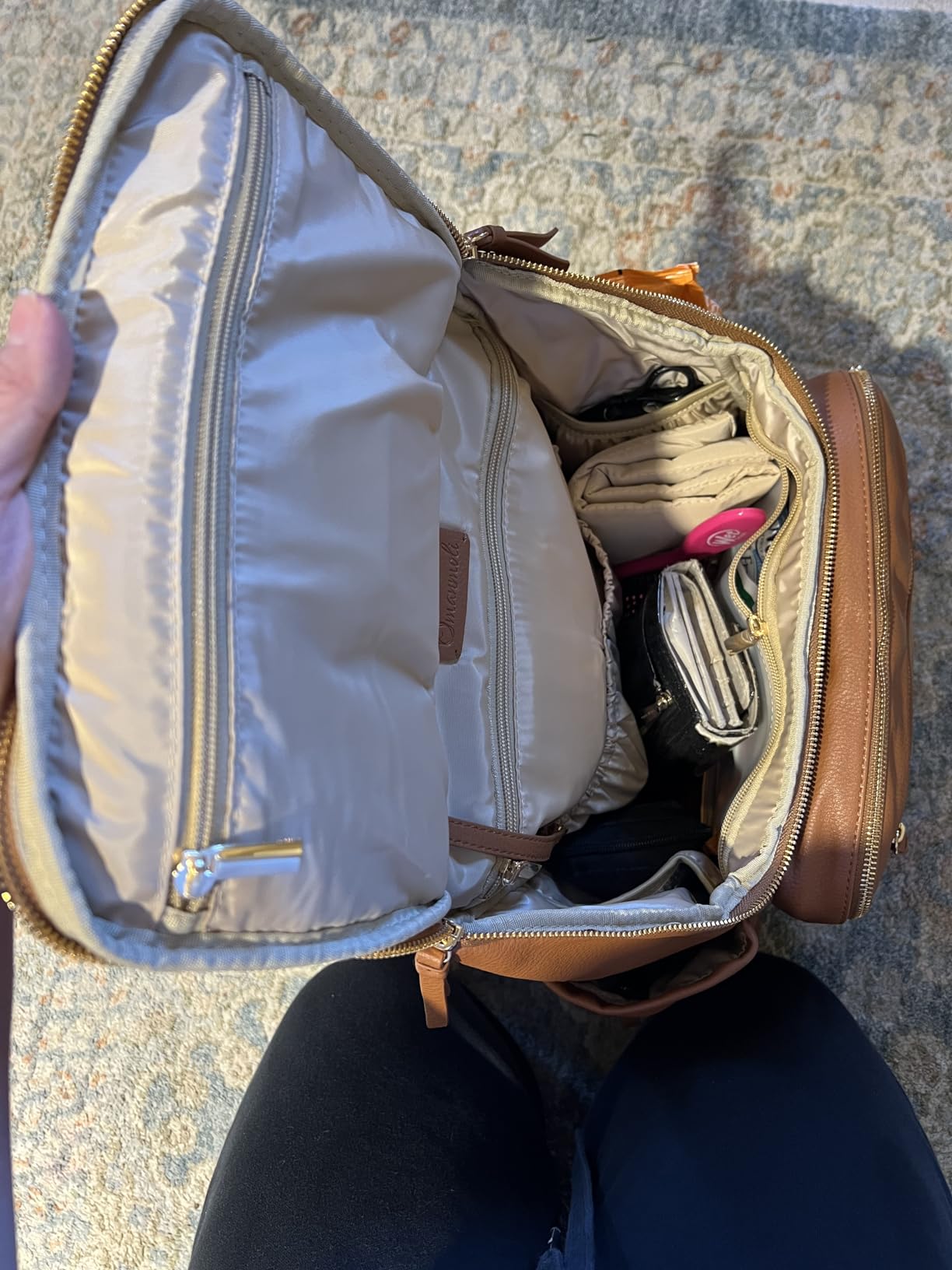 Omanmoli Diaper Bag Backpack Large Baby Diaper Bag Leather with 17 Diaper Bag Organizing Pouches, Changing Pad, Stroller Straps, 4 Insulated Pockets, Brown customer photo 2