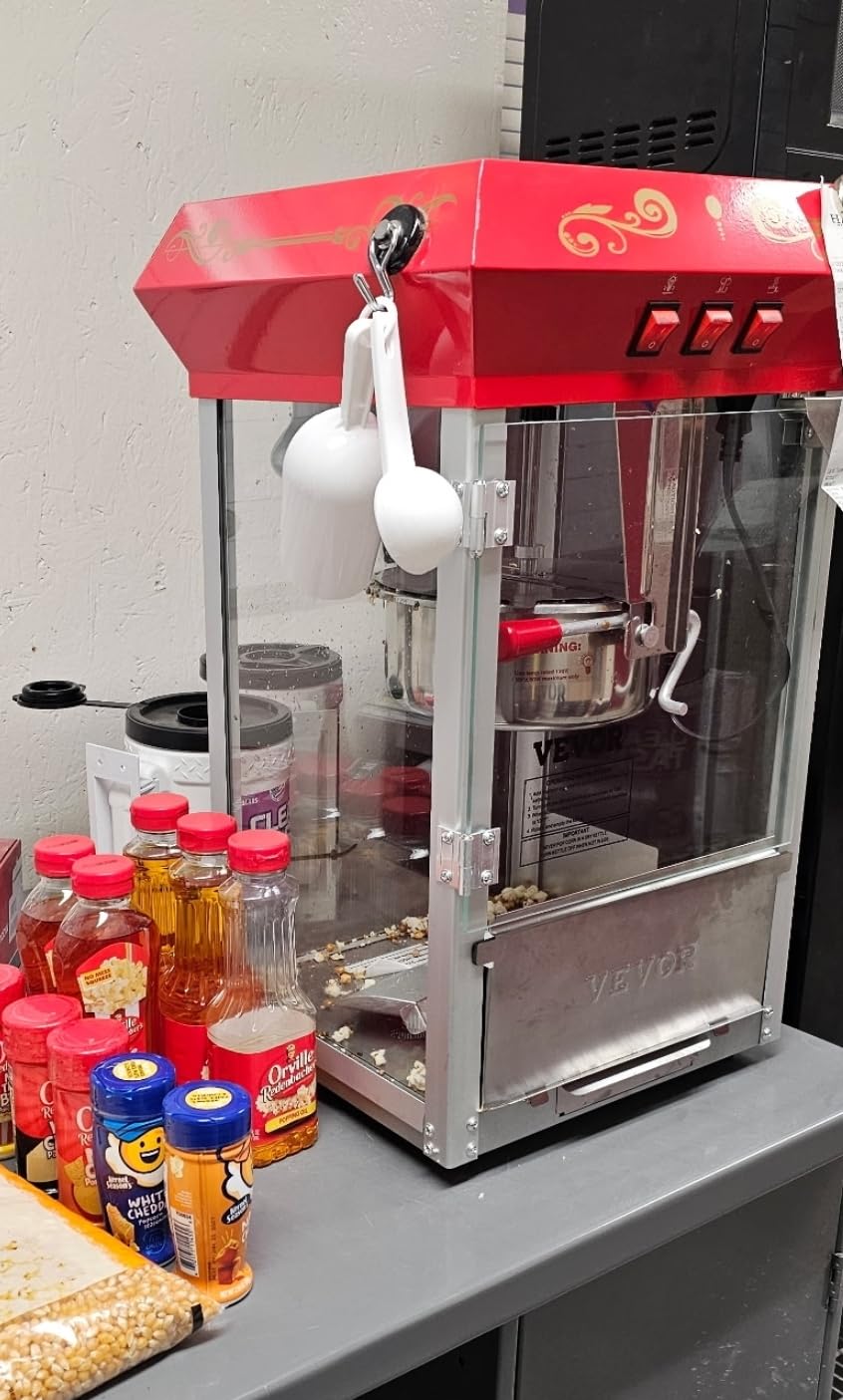 VEVOR Commercial Popcorn Machine, 8 Oz Kettle, 850W Countertop Popcorn Maker for 48 Cups per Batch, Theater Style Popper with 3-Switch Control Steel Frame Tempered Glass Doors 2 Scoops 2 Spoons, Red customer photo 2