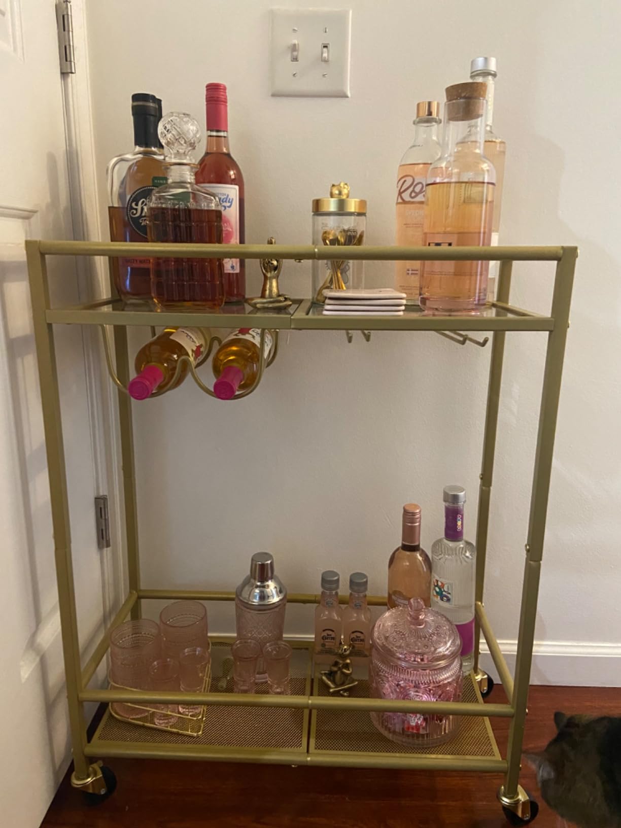 MAHANCRIS Gold Bar Cart, Beverage Cart with Wheels, Bar Cart for The Home, 2-Tier Drink Cart with Wine Rack and Glass Holder, Kitchen, Dining Room, Gold RCJ63B01ZN1 customer photo 2