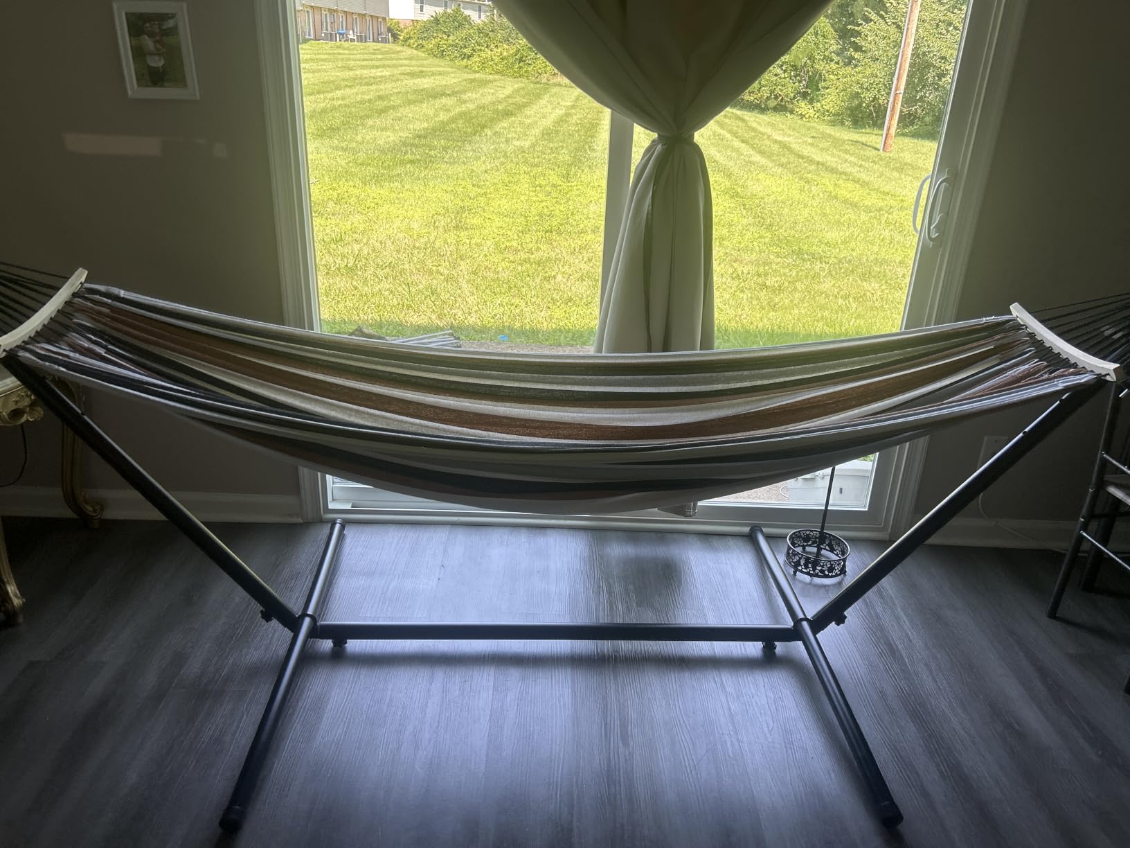 SZHLUX Double Hammock with Stand Included 450lb Capacity Steel Stand, Premium Carry Bag Included and Two Anti Roll Balance Beam, Portable Hammock with Stand for Backyard, Camping,Garden Brown Stripes customer photo 2
